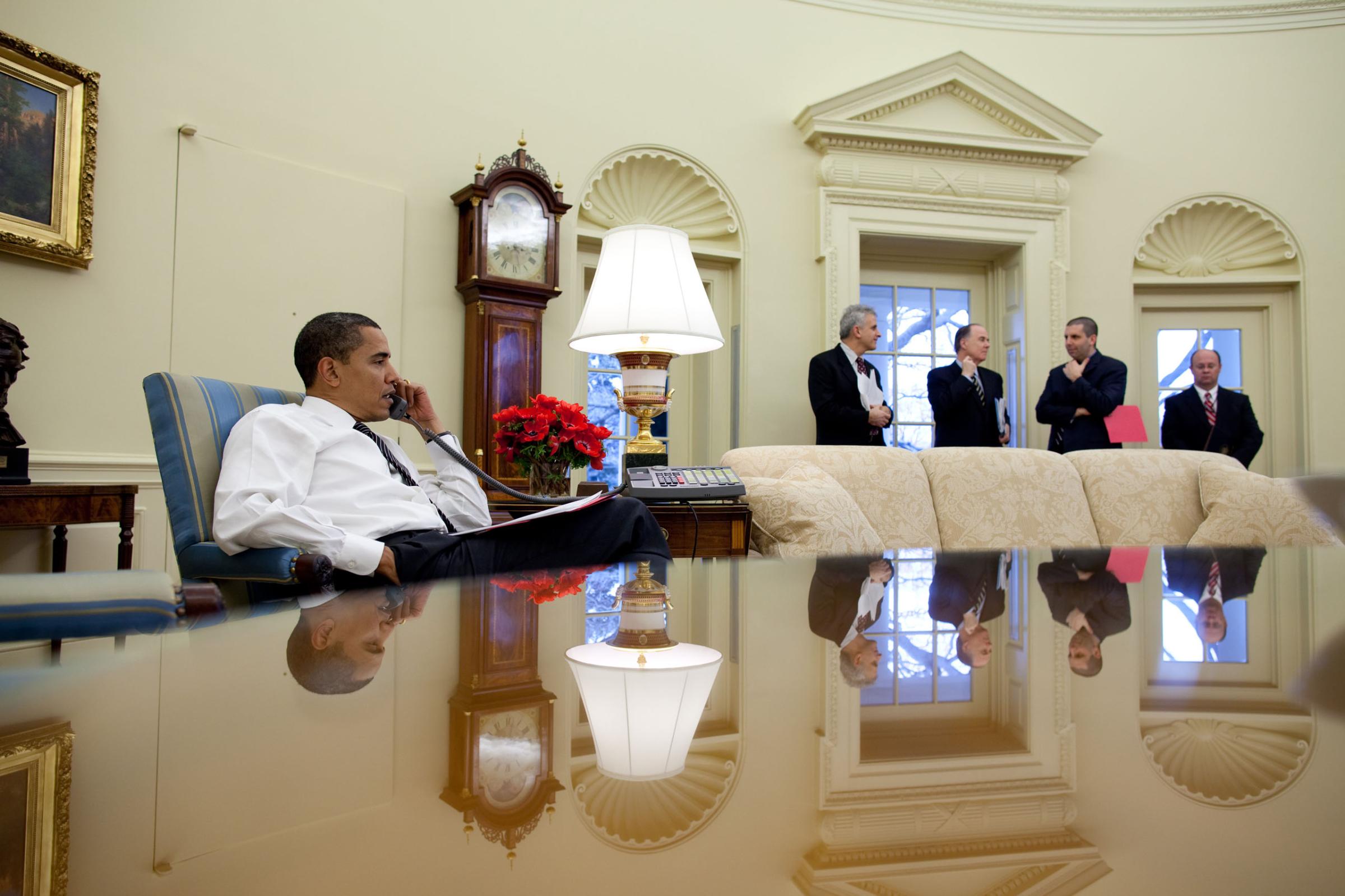 President Barack Obama calls foreign leaders in the Oval Office of the White House, on Jan. 26, 2009.