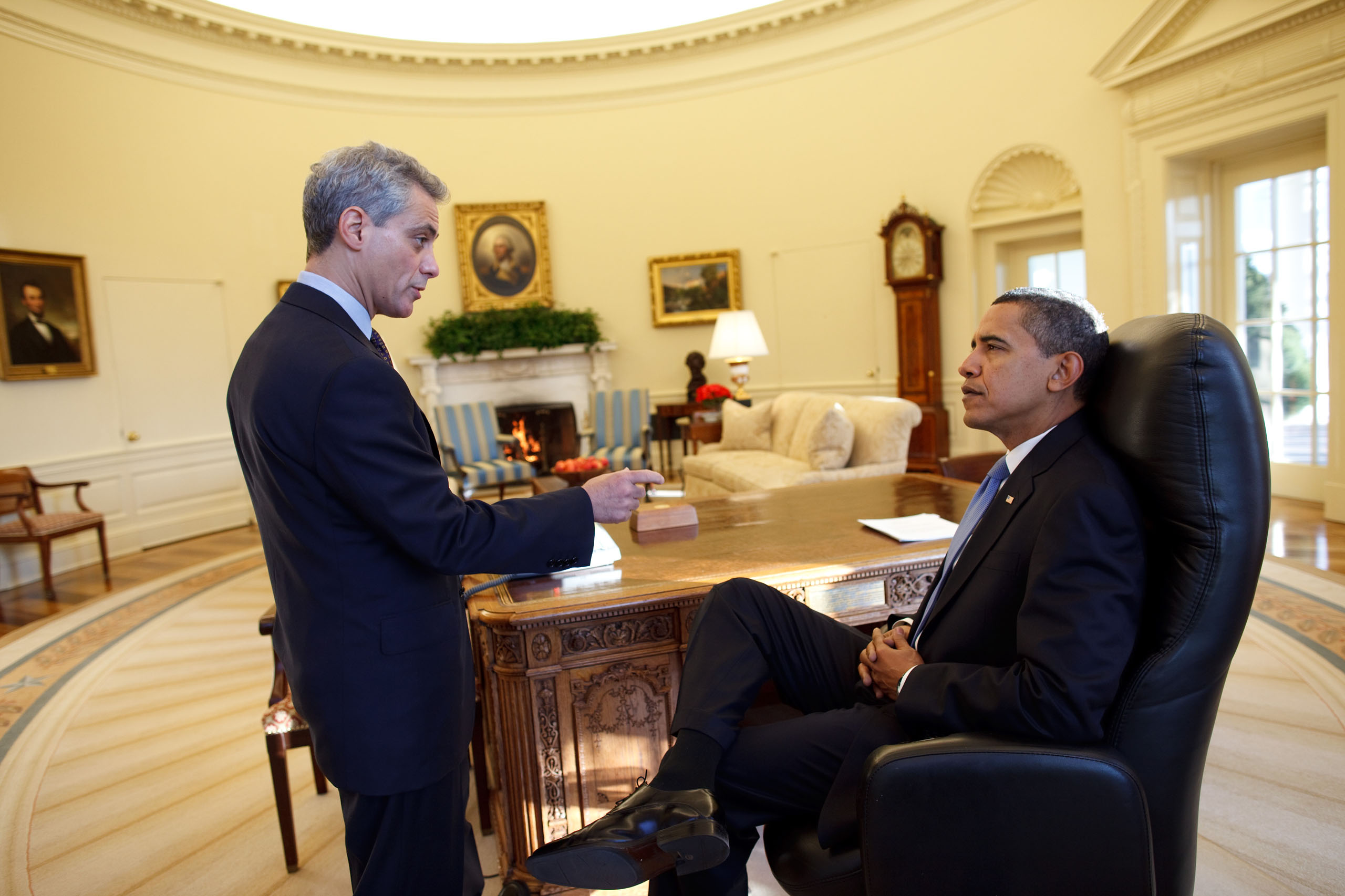 President Barack Obama meets alone with Chief of Staff Rahm Emanuel in the Oval Office on his first full day in office on Jan. 21, 2009.