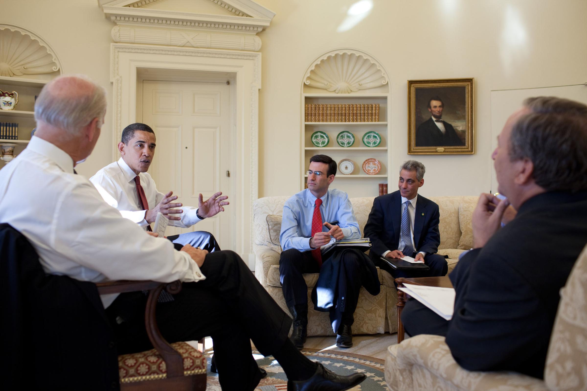 President Barack Obama at the Daily Economic Briefing in the Oval Office with VP Joe Biden, OMB Director Peter Orszag, Chief of Staff Rahm Emanuel and Director of the National Economic Council Larry Summers on Jan. 22, 2009.