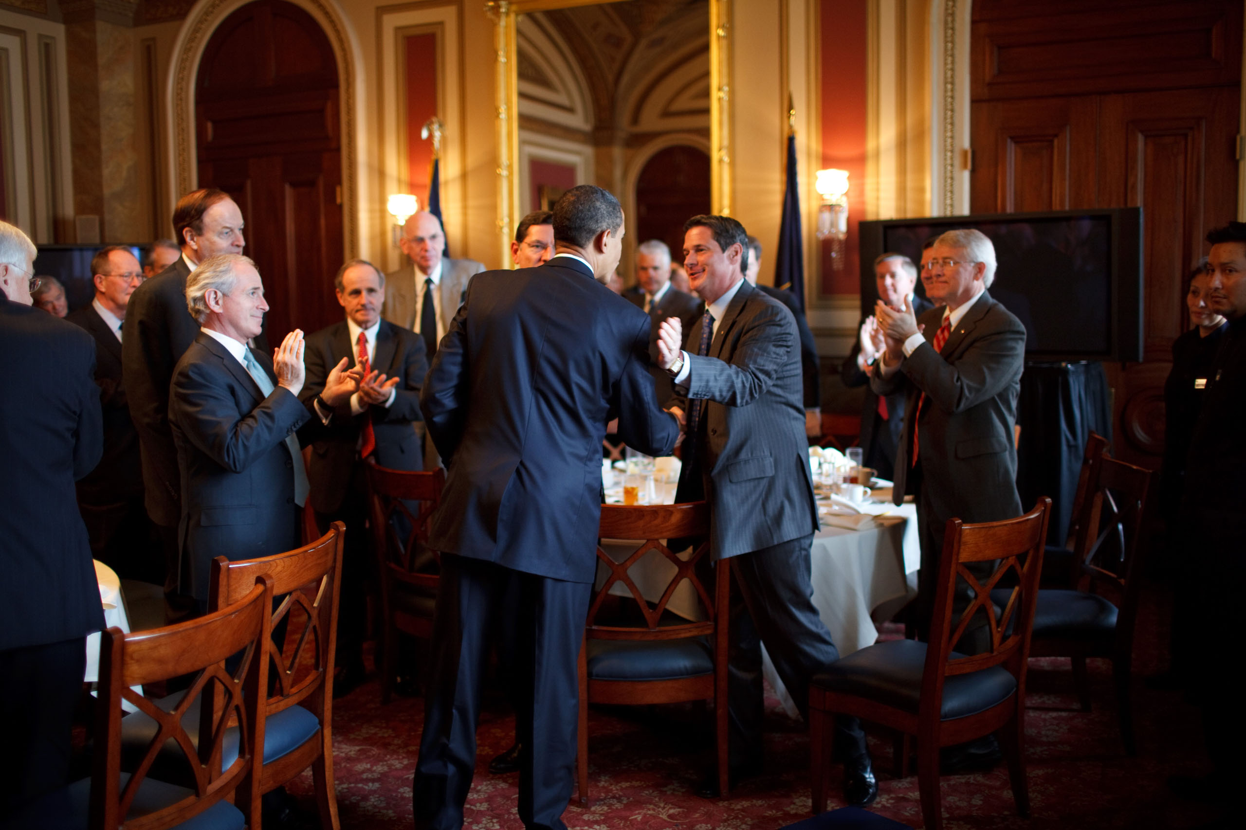 President Barack Obama attends a lunch with Senate Republicans on Capitol Hill, Washington D.C, on Jan. 27, 2009.