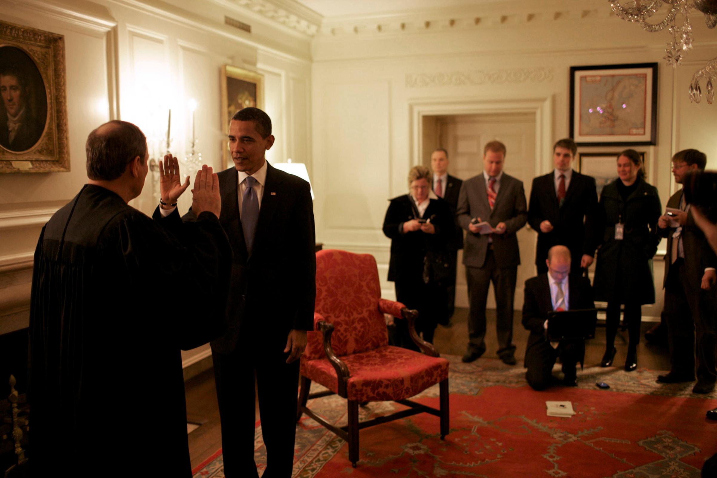 President Barack Obama and Supreme Court Justice John Roberts in the Map Room on the ground floor of the White House Residence.