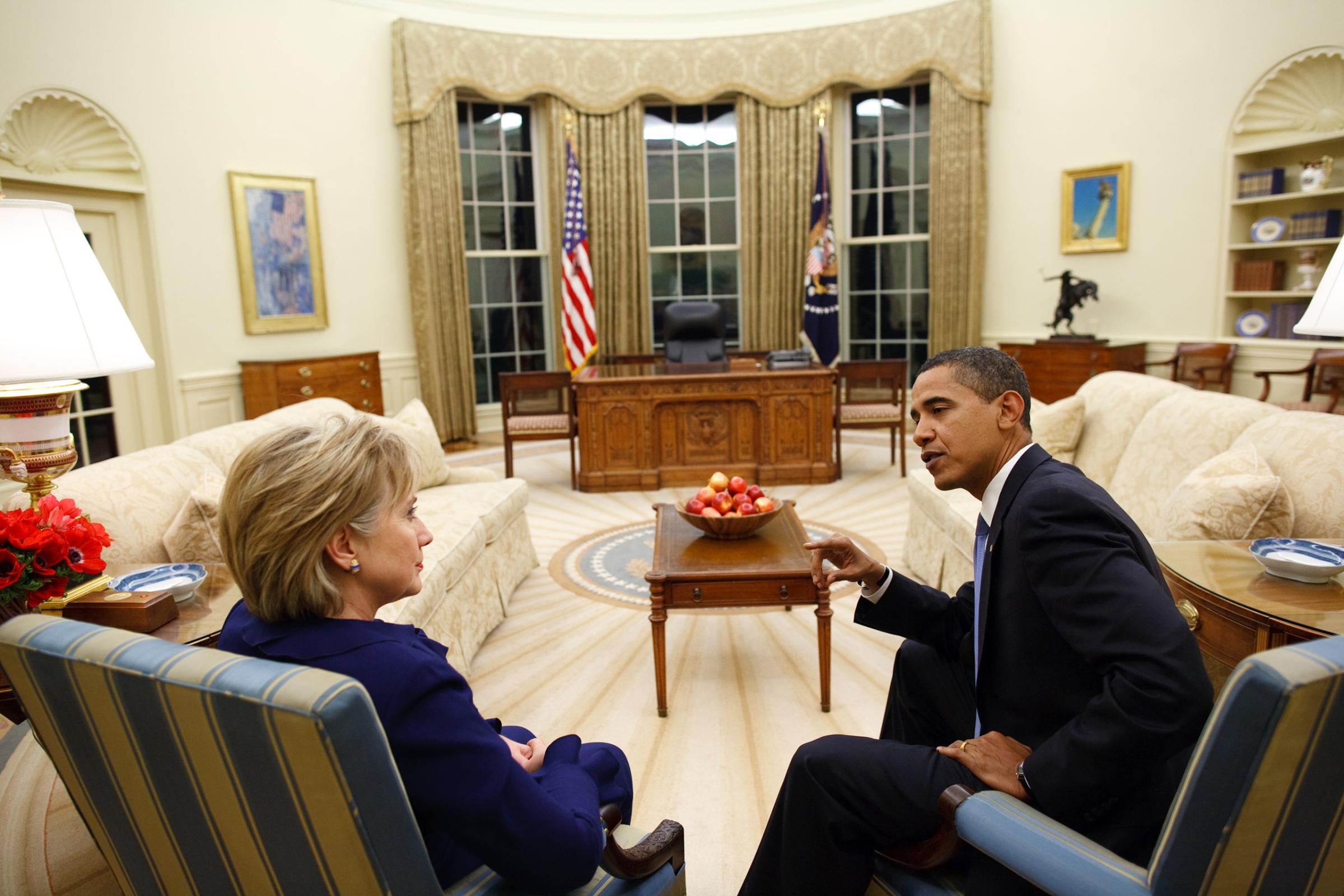 President Barack Obama meets with Secretary of State Hillary Clinton in the Oval Office shortly after she was confirmed and sworn in on Jan. 21, 2009.