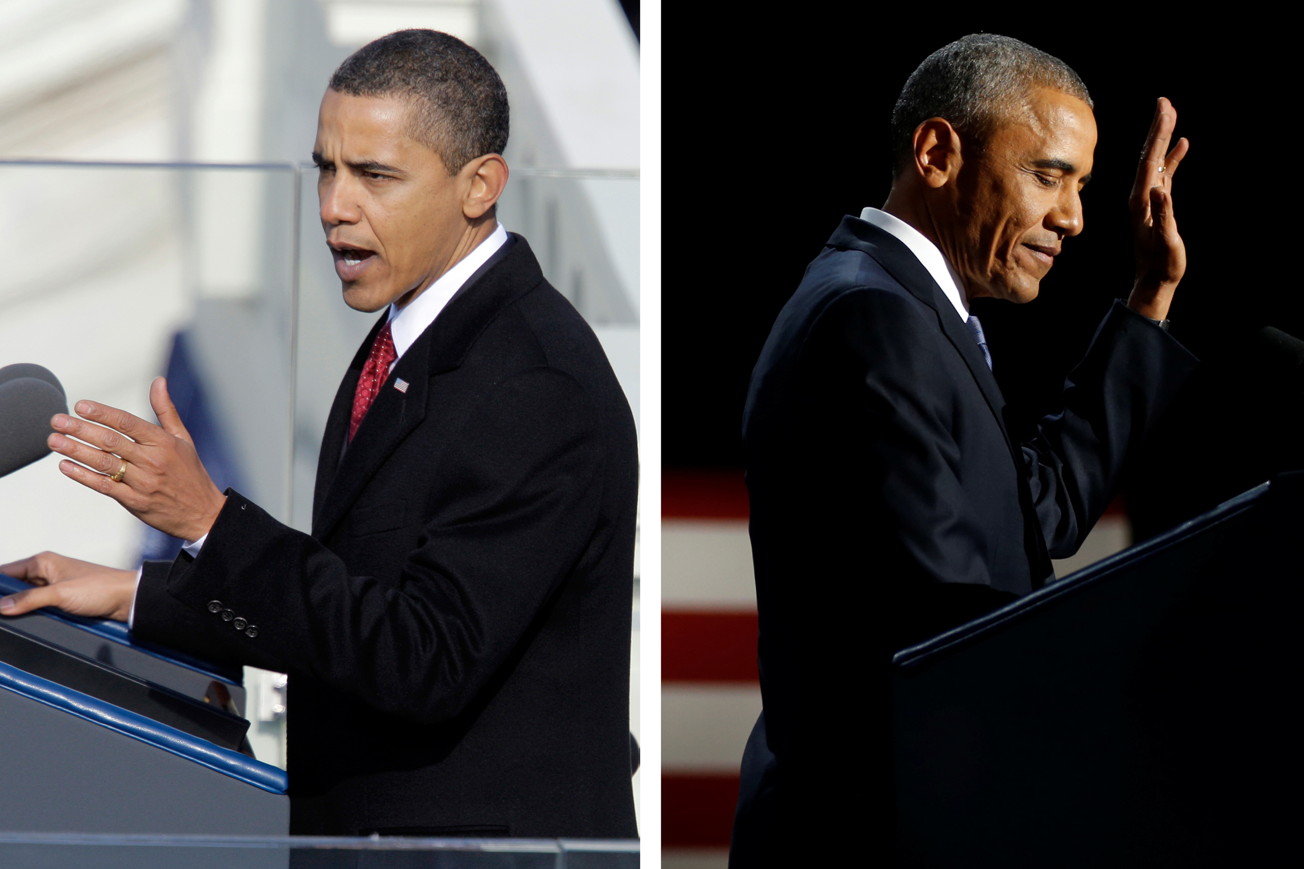 <i>Left</i>: President Barack Obama delivers his inaugural address at the U.S. Capitol in Washington on Jan. 20, 2009; <i>Right</i>: President Barack Obama delivers his farewell address in Chicago on Jan.10, 2017. (Jae C. Hong—AP; Jonathan Ernst—Reuters)