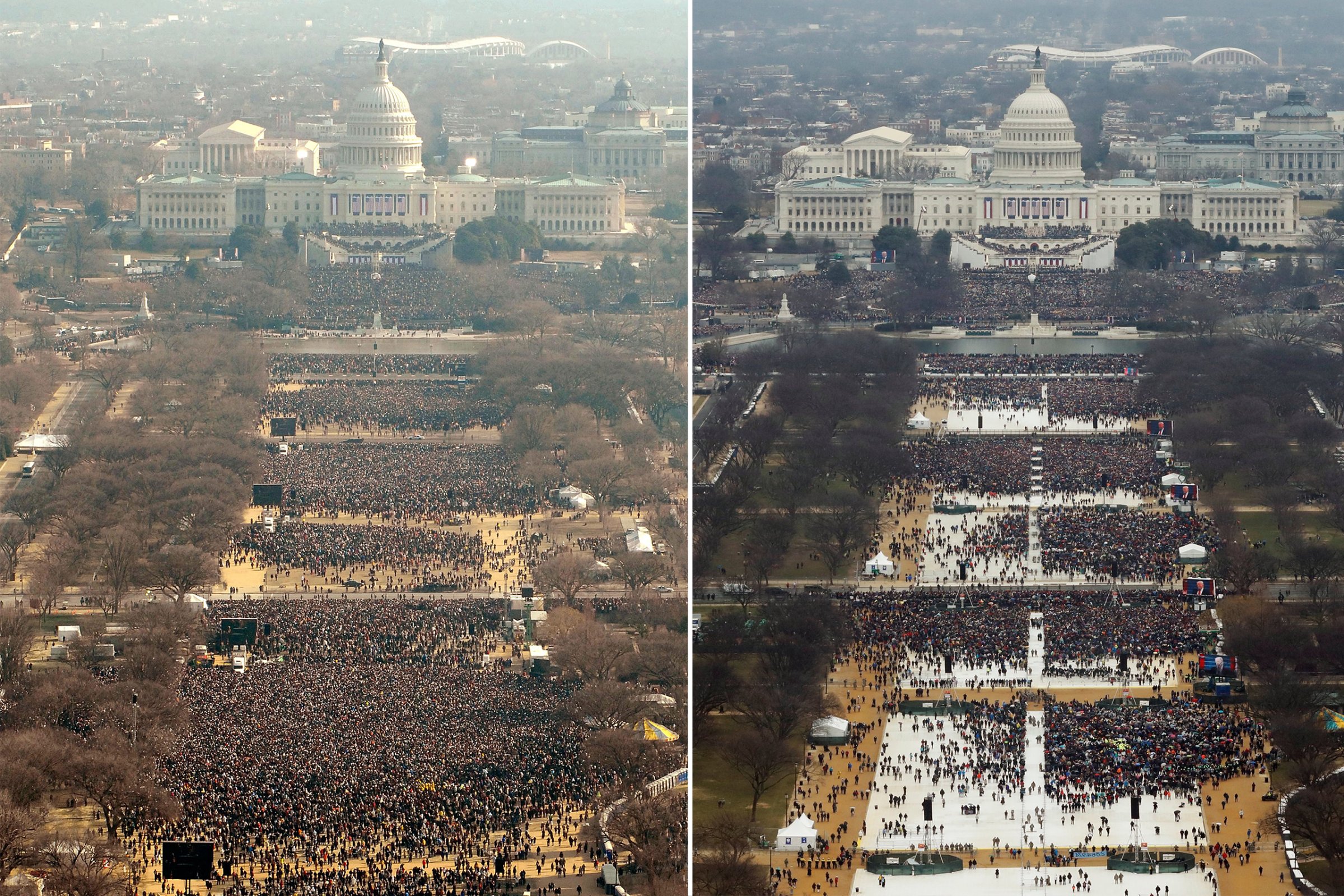 A composite image shows the inauguration crows for Barack Obama in 2009, left, and Donald Trump in 2017.