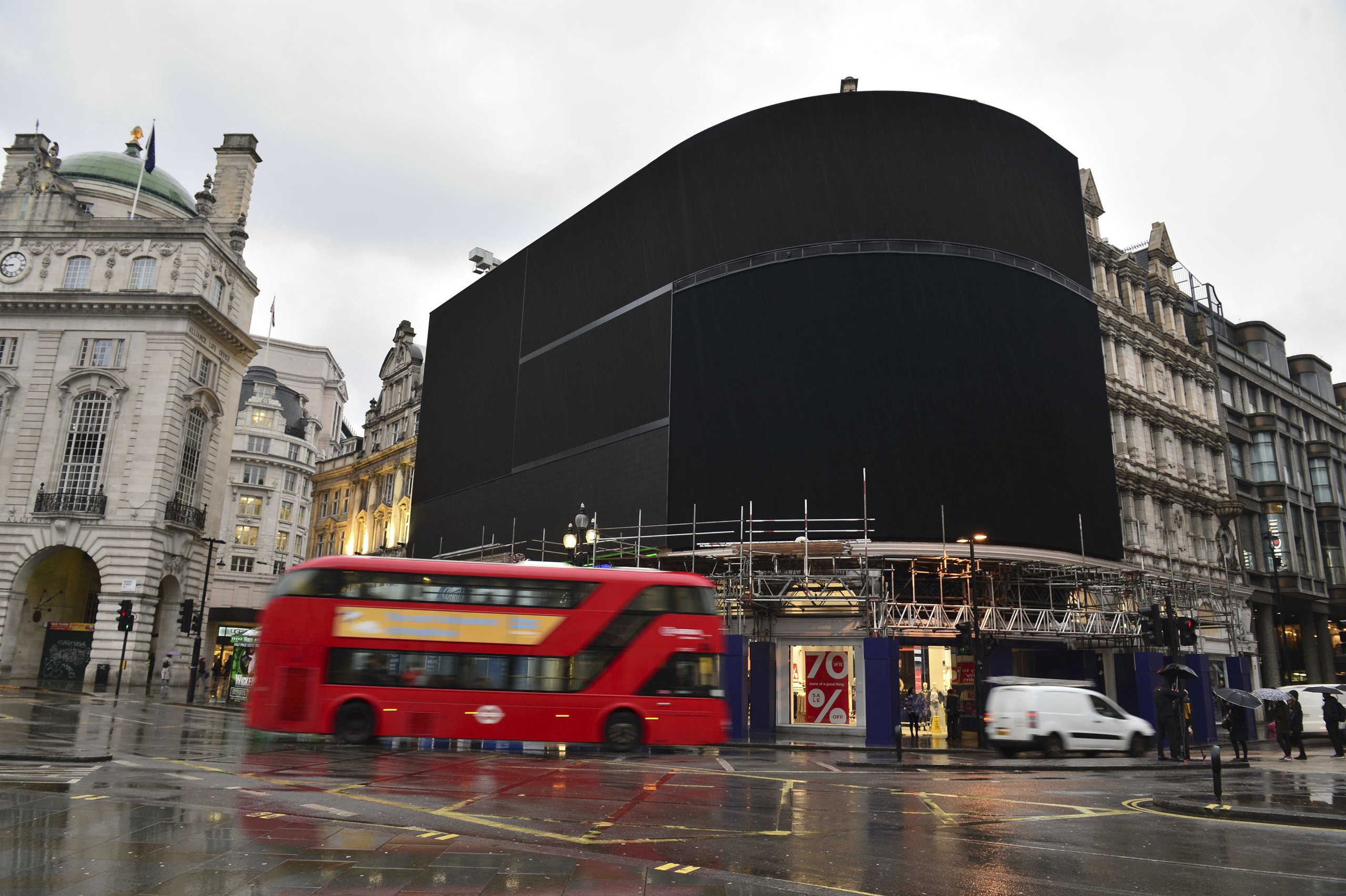 The advertising screens at Piccadilly Circus, central London, after they were switched off in preparation for redevelopment on Jan.  16, 2017. (Dominic Lipinski—AP)