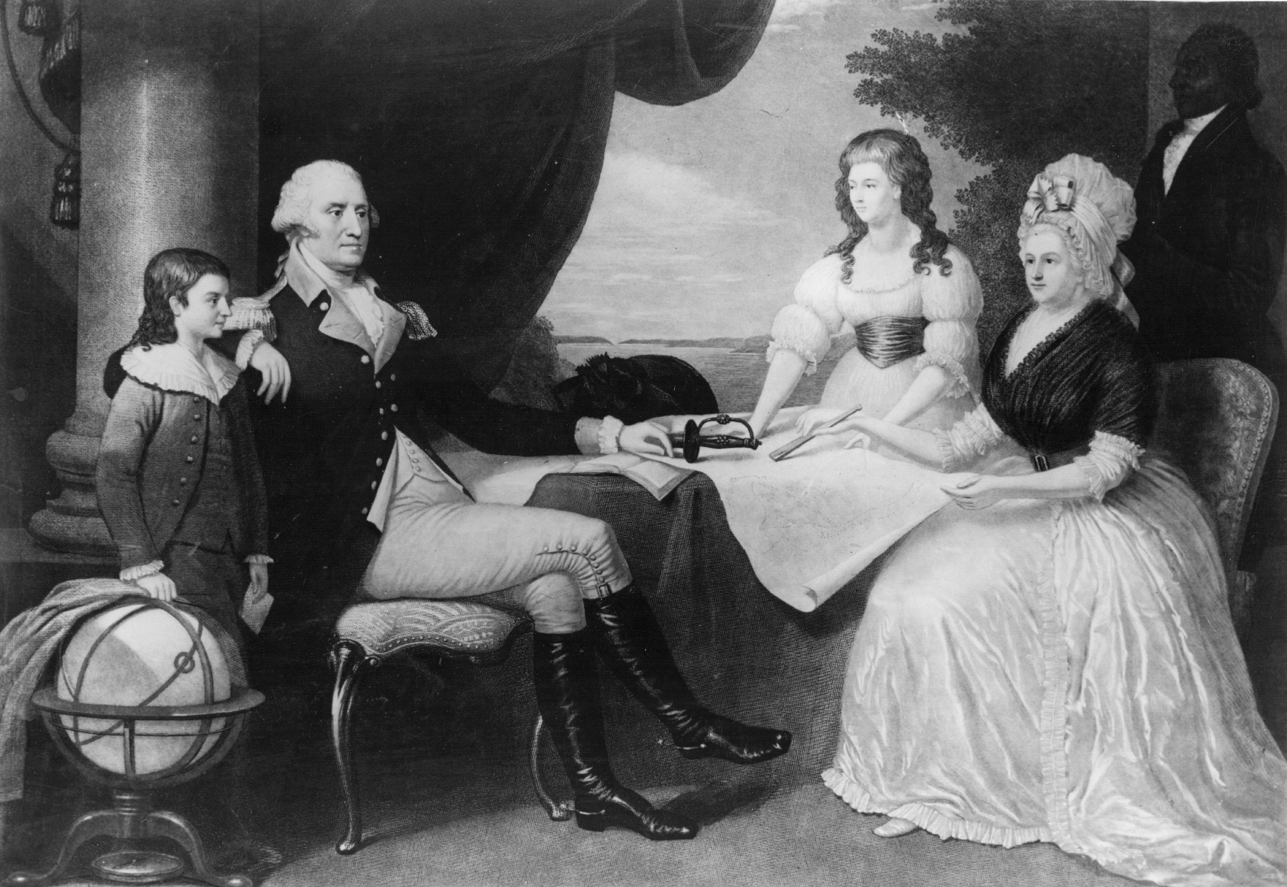 George Washington: America's first President had no biological children, but he became stepfather to the two children of the widow Martha Custis when he married her in 1759: John  Jacky  Parke Custis, left in the c. 1761 illustration above, and Martha  Patsy  Parke Custis. Both of the Custis children met with untimely ends; Jacky joined his stepfather's army but died from dysentery soon thereafter, while Martha suffered from epilepsy and died at 17.