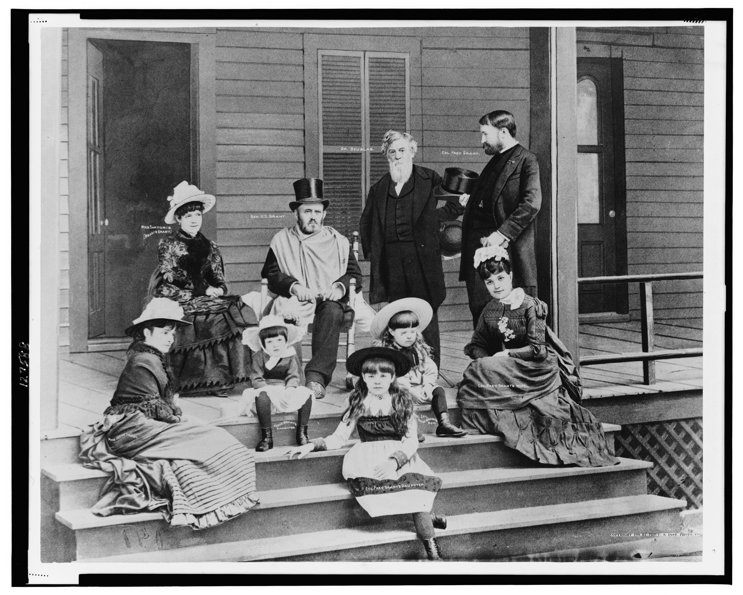 Ulysses S. Grant:
                              Three of Grant's four children gathered for this multigenerational portrait taken around 1880: his only daughter Nellie, far left, his youngest son Jesse (behind her) and the eldest, Frederick, standing toward the right, with hand on hip. Jesse was an author, engineer and world traveler. Frederick served with his father on the major battlefields of the Civil War. Nellie was married twice, the first time to a dissolute diplomat whose death left her a wealthy woman.