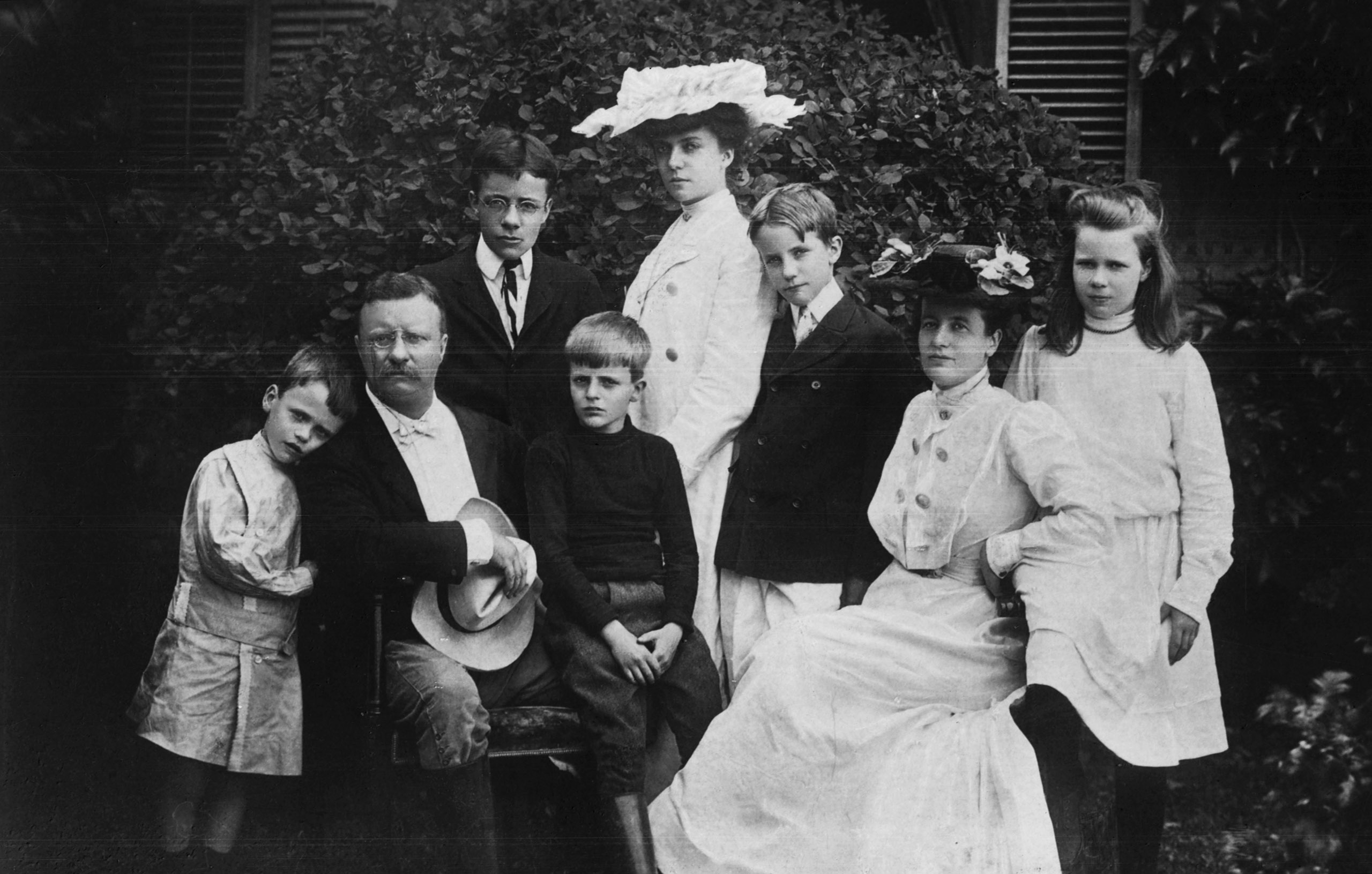 Theodore Roosevelt: The Roosevelt family poses for the camera two years after moving into the White House. They are, from left, Quentin, who would die as a fighter pilot in World War I; President Roosevelt; Ted, a highly decorated soldier who saw service in both World Wars; Archie, a businessman; Alice, the only child from Roosevelt's first marriage; Kermit, an adventurer and soldier of fortune; First Lady Edith; and Ethel, who served as a nurse in France during World War I and later became involved with the Red Cross.