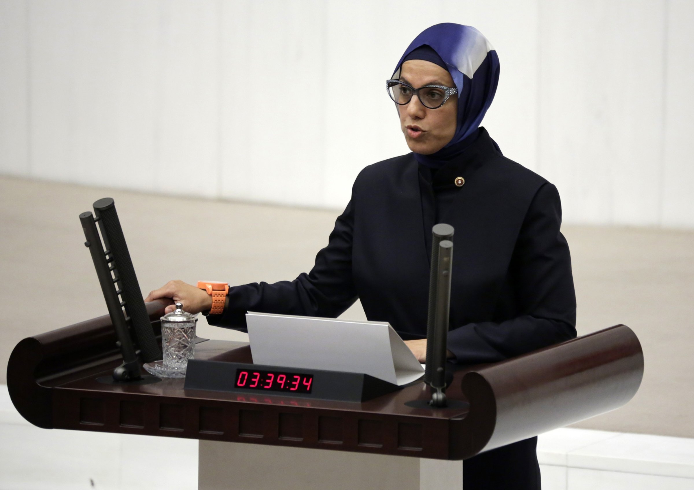 Ravza Kavakci, Justice and Development Party's (AK Party) MP of Istanbul, swears in at the Grand National Assembly of Turkey in Ankara on June 23, 2015.