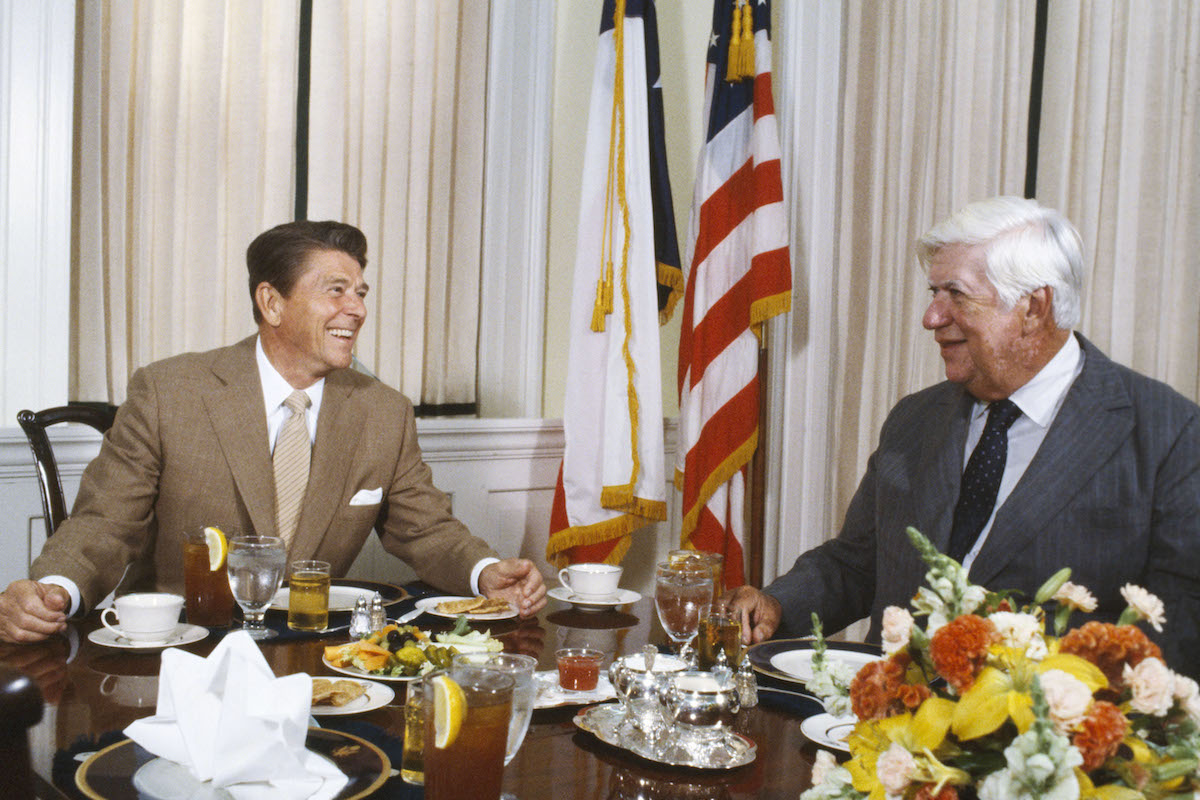U.S. President Ronald Reagan and Speaker of the House of Representatives, Tip (Thomas Philip) O'Neill share a meal at the White House September 1981 in Washington, DC. (David Hume Kennerly—Getty Images)