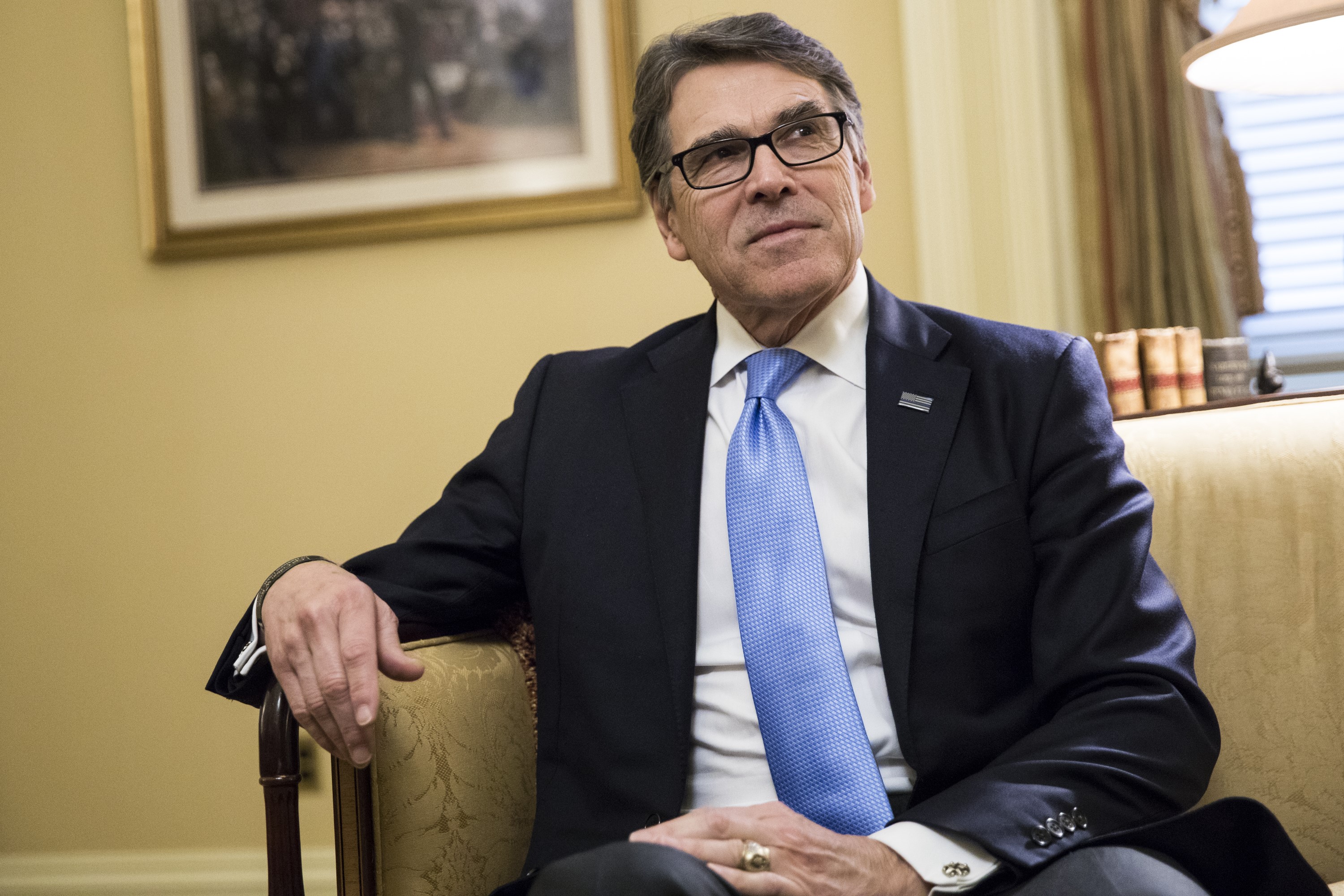 Former Governor of Texas Rick Perry, who is President-elect Trumps pick to be Energy Secretary, meets with Senate Majority Leader Mitch McConnell at the U.S. Capitol in Washington, on Jan. 4, 2017. (Samuel Corum—Anadolu Agency/Getty Images)