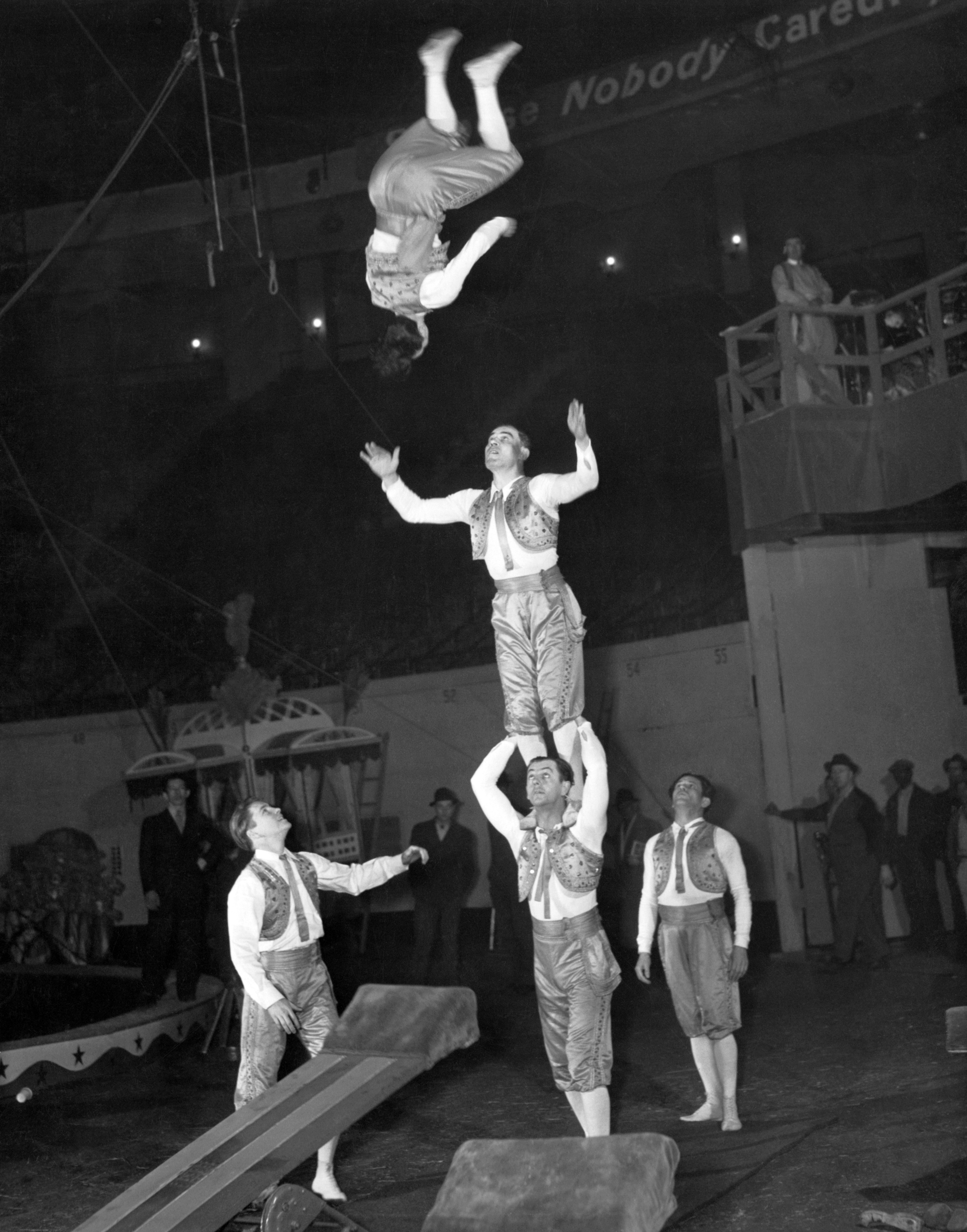The Picchians acrobatic act of the Ringling Brothers and Barnum &amp; Bailey Circus rehearse for the season's opening night at Madison Square Garden in New York on April 5, 1940.