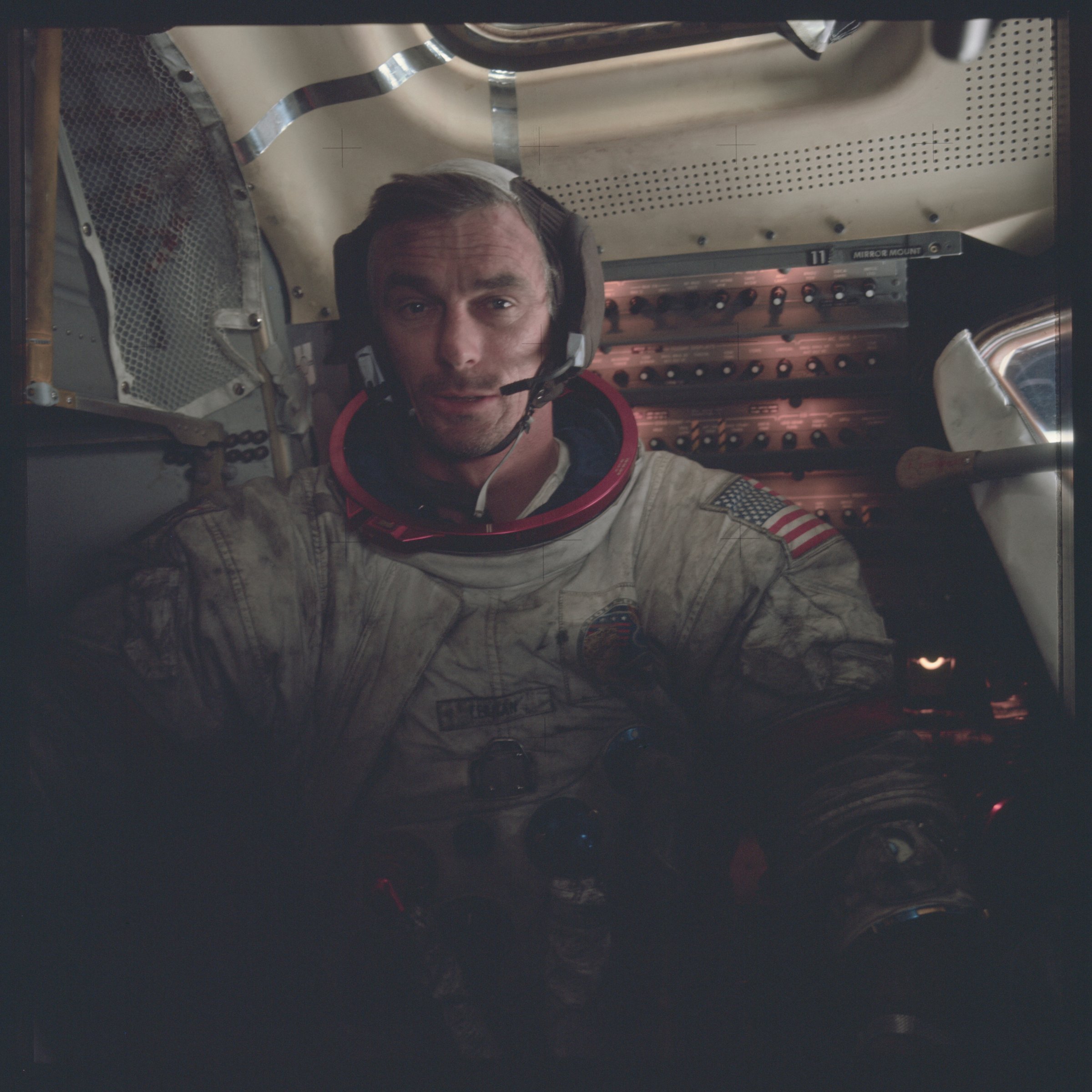 Astronaut Eugene A. Cernan, Apollo 17 commander, is photographed inside the lunar module on the lunar surface following the second extravehicular activity (EVA) of his mission in this NASA handout photo