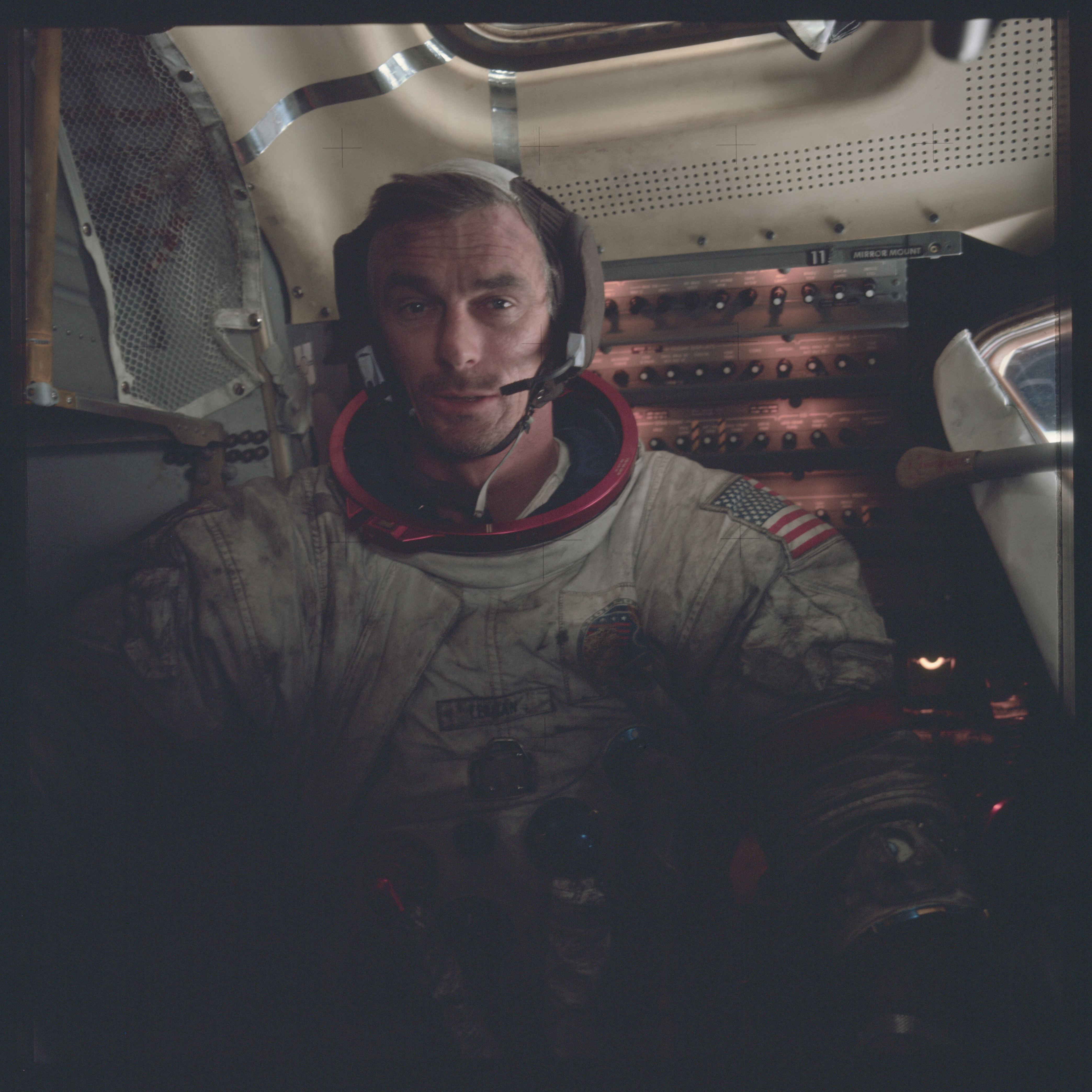 Astronaut Eugene A. Cernan, Apollo 17 commander, is photographed inside the lunar module on the lunar surface following the second extravehicular activity of his mission in this December 12, 1972 NASA handout photo. (NASA—REUTERS)