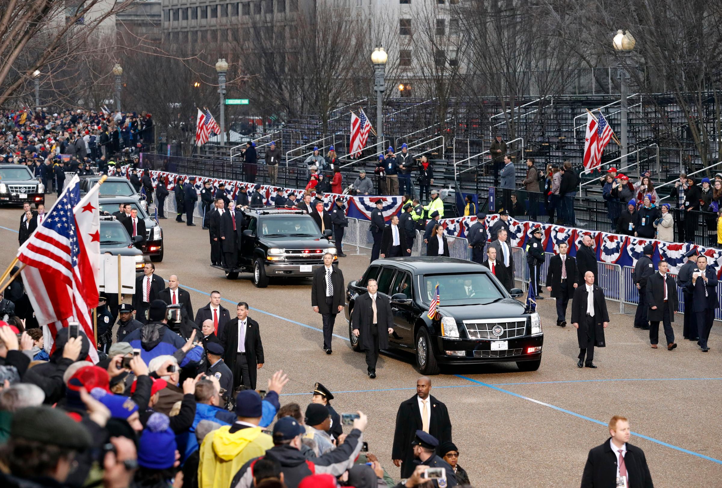 President Donald Trump's armored limousine is escorted for the inaugural parade in Washington DC, on Jan. 20, 2017.