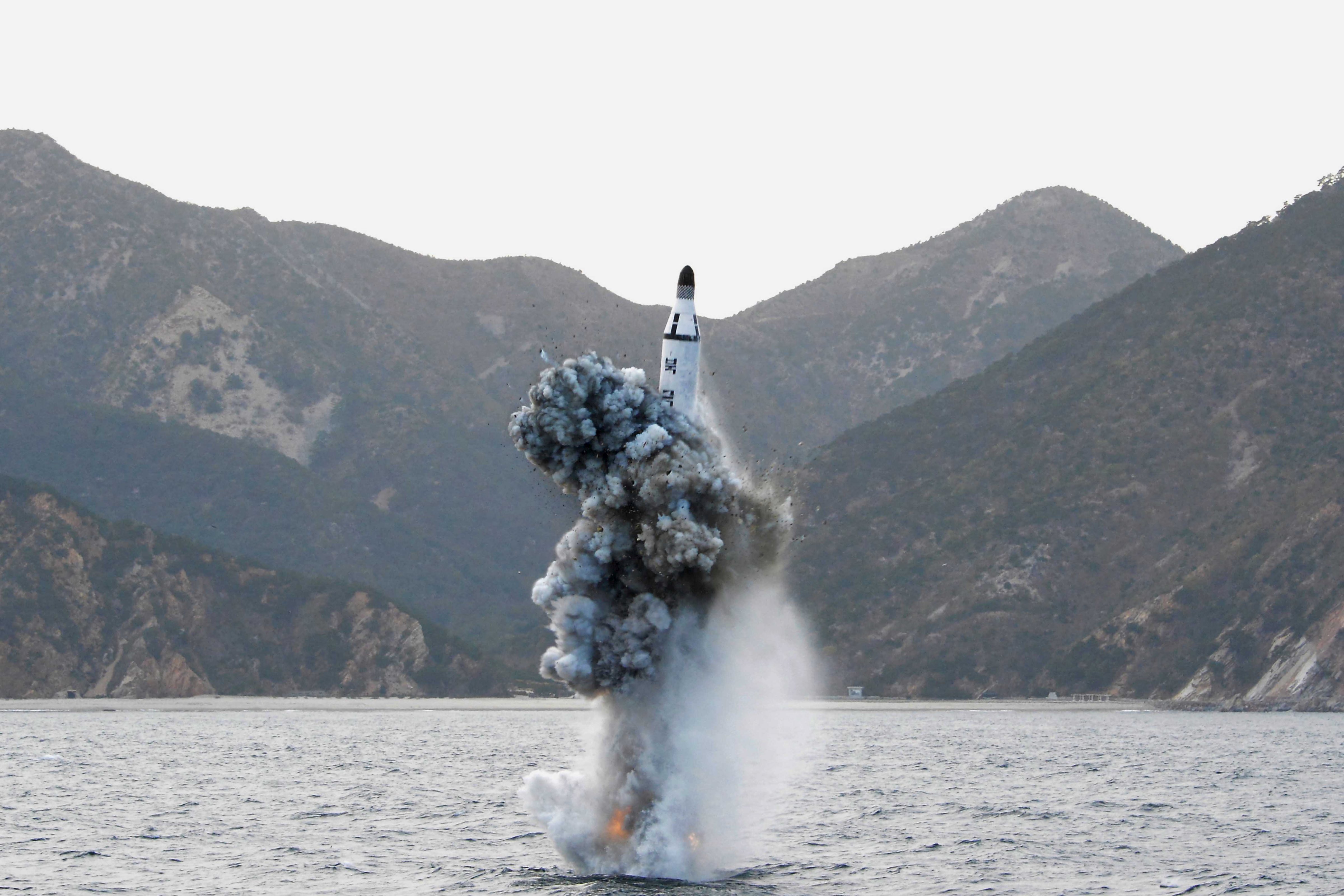 An underwater test-firing of a strategic submarine ballistic missile is seen in this undated photo released by North Korea's Korean Central News Agency (KCNA) in Pyongyang on April 24, 2016 (Korean Central News Agency/Reuters)