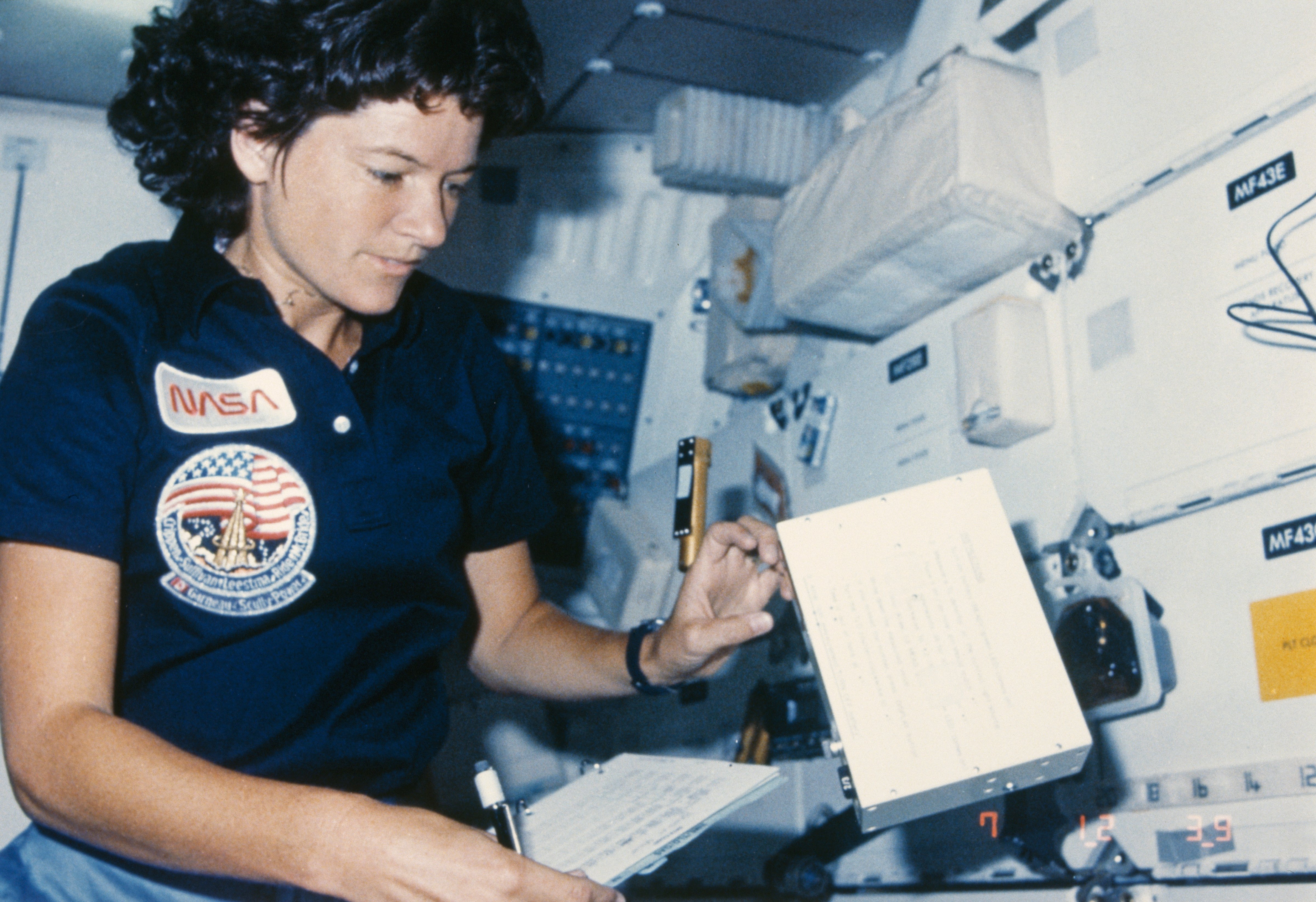 NASA astronaut Sally Ride (1951 - 2012) in the interior of the Challenger space shuttle during the STS-41-G mission, October 1984. In 1983 she became the first American woman in space on the STS-7 mission. (Photo by Space Frontiers/Getty Images) (Space Frontiers—Getty Images)