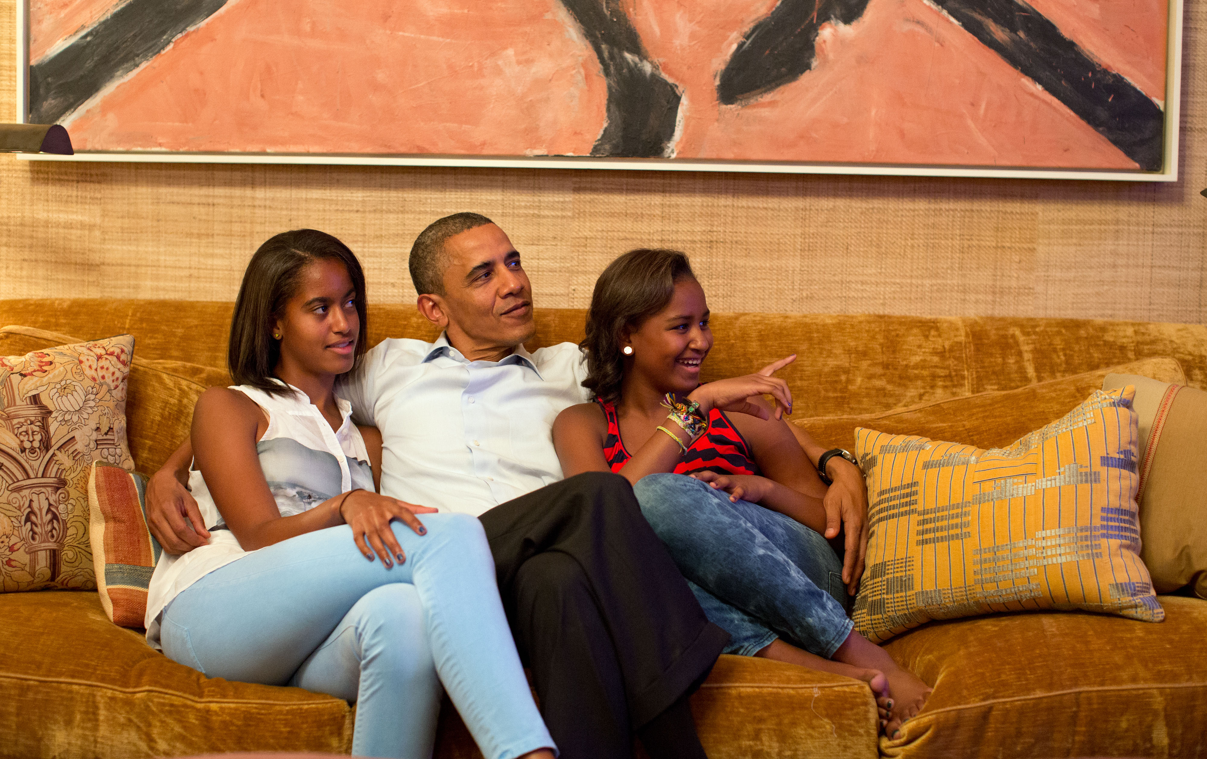 President Obama and his daughters, Malia and Sasha, watch on television as First Lady Michelle Obama takes the stage to deliver her speech at the Democratic National Convention, in the Treaty Room of the White House, on Sept. 4, 2012.
