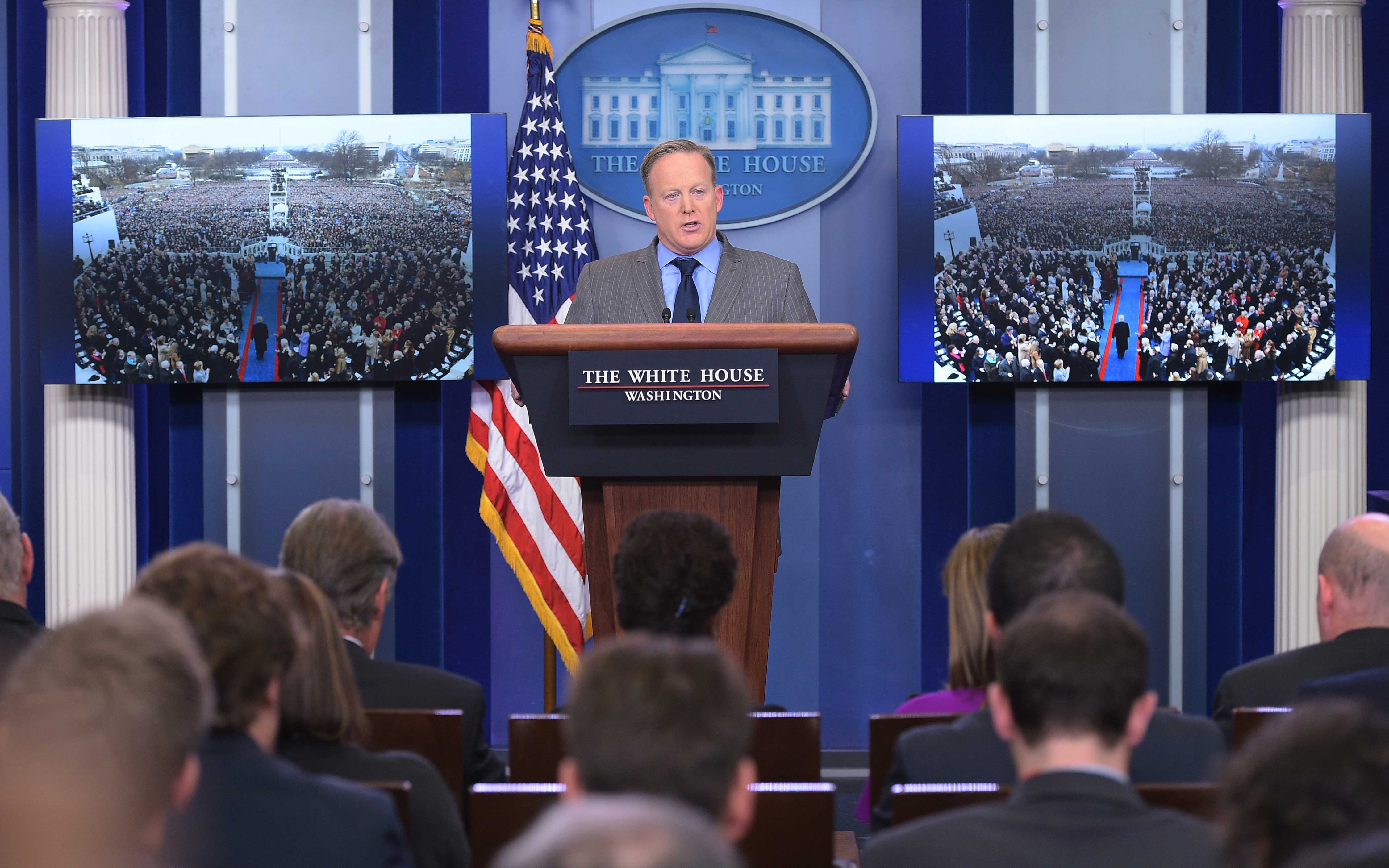 White House Press Secretary Sean Spicer delivers a statement in the Brady Briefing Room of the White House on Jan. 21, 2017. (Mandel Ngan—AFP/Getty Images)