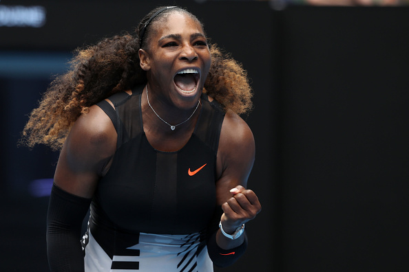 Serena Williams of the United States celebrates winning a point her first round match against Belinda Bencic of Switzerland on day two of the 2017 Australian Open at Melbourne Park on January 17, 2017 in Melbourne, Australia.