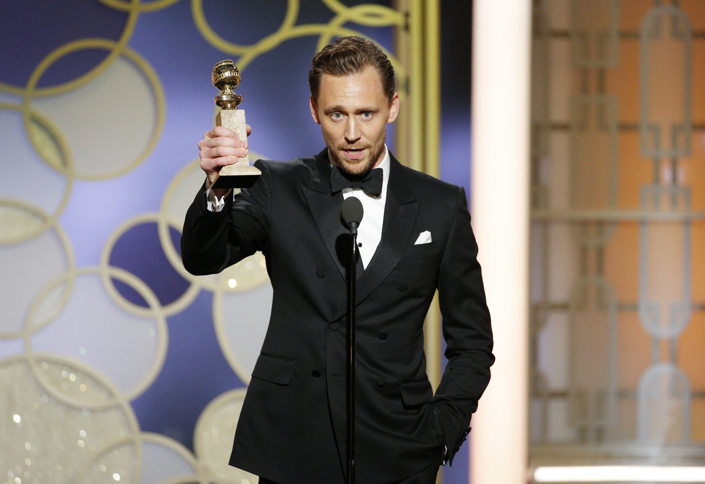 Tom Hiddleston accepts the award for Best Actor - Limited Series or Motion Picture for TV for his role in "The Night Manager" onstage during the 74th Annual Golden Globe Awards at The Beverly Hilton Hotel, Jan. 8, 2017 in Beverly Hills.