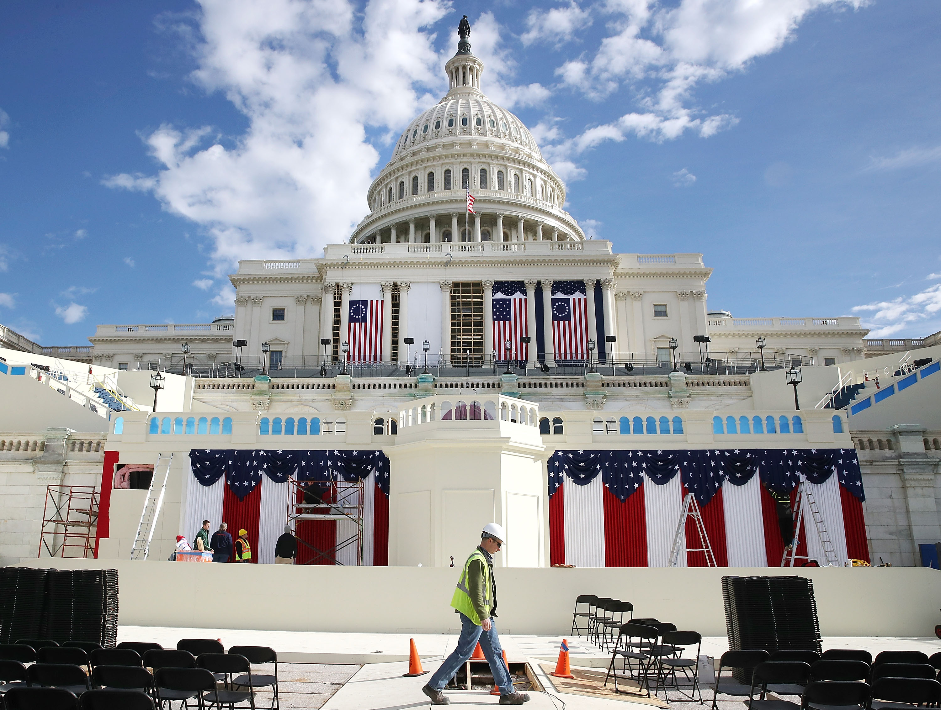 Work is still being performed on the stage ahead of next week inauguration at the U.S. Capitol, on Jan.13, 2017 in Washington, DC. (Mark Wilson—Getty Images)