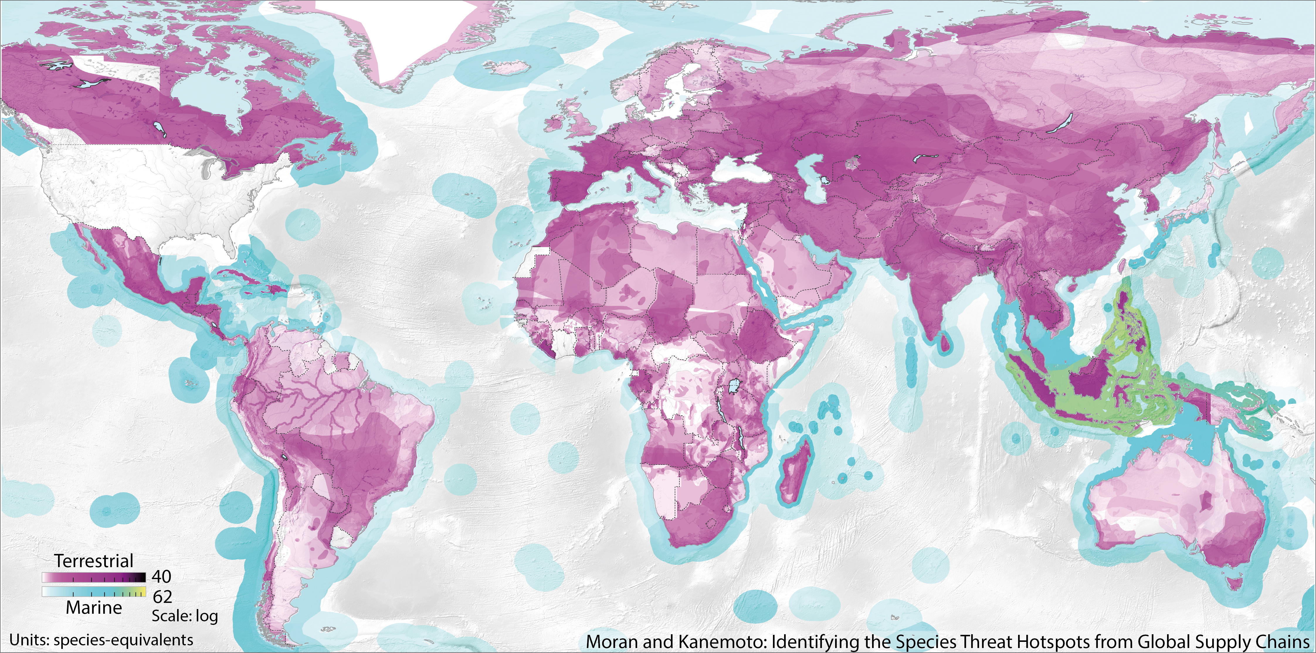 Darker purple and green regions indicate the regions where exports to the U.S. most damage biodiversity. (Courtesy of Keiichiro Kanemoto and Daniel Moran/Nature Journal)