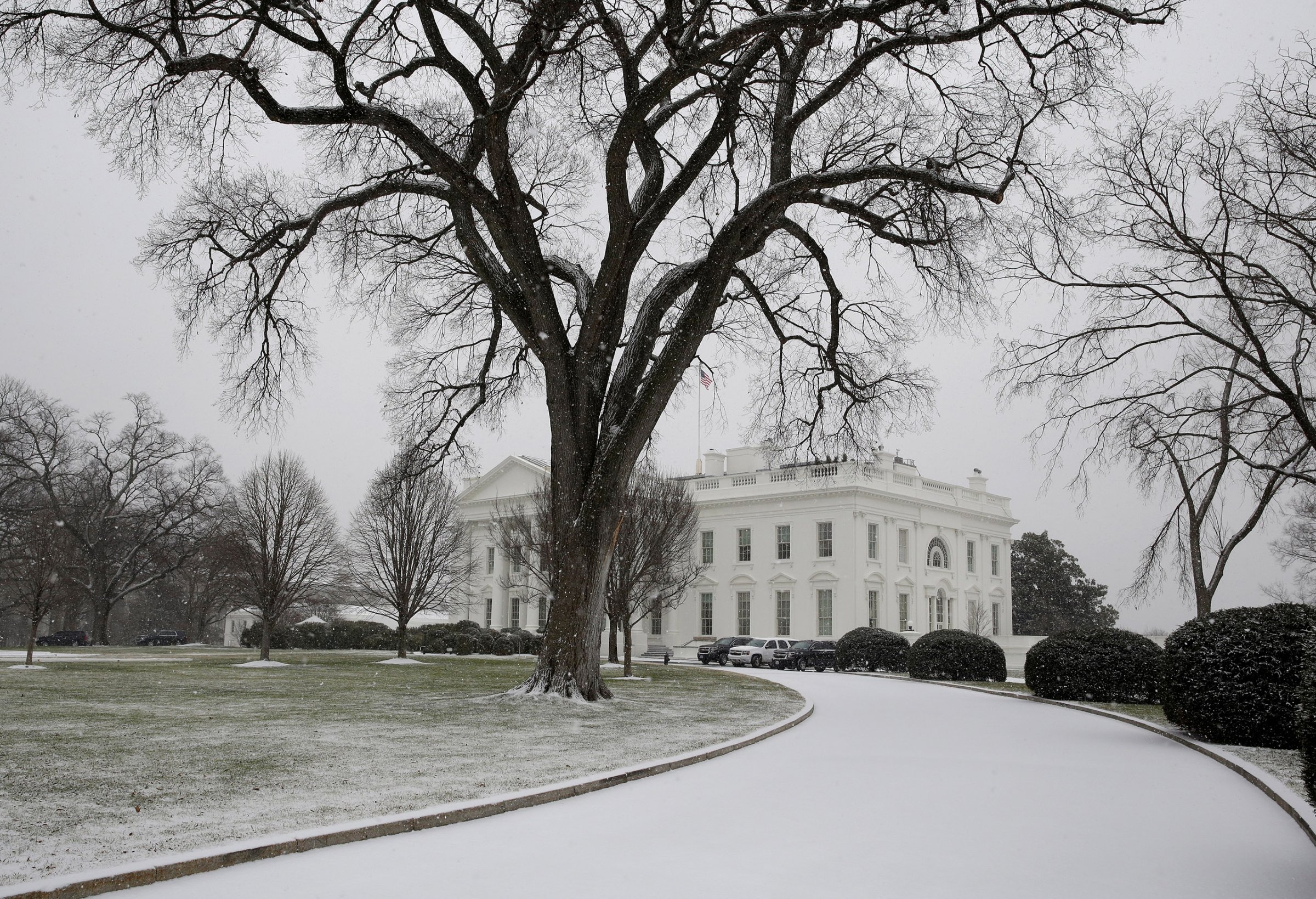 The White House driveway is covered in snow in Washington