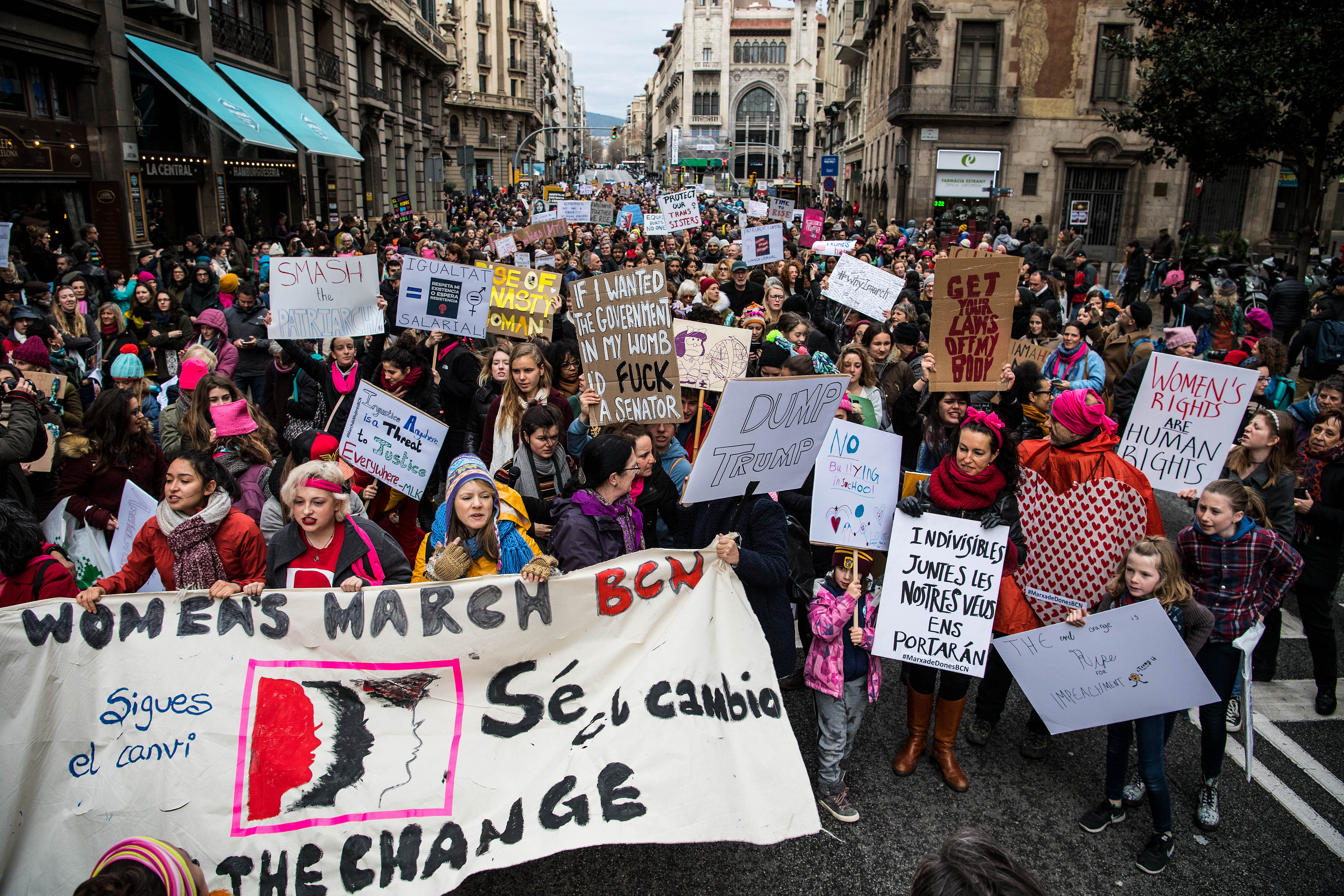 Demonstrators during the Women's March on Jan. 21, 2017 in Barcelona, Spain.