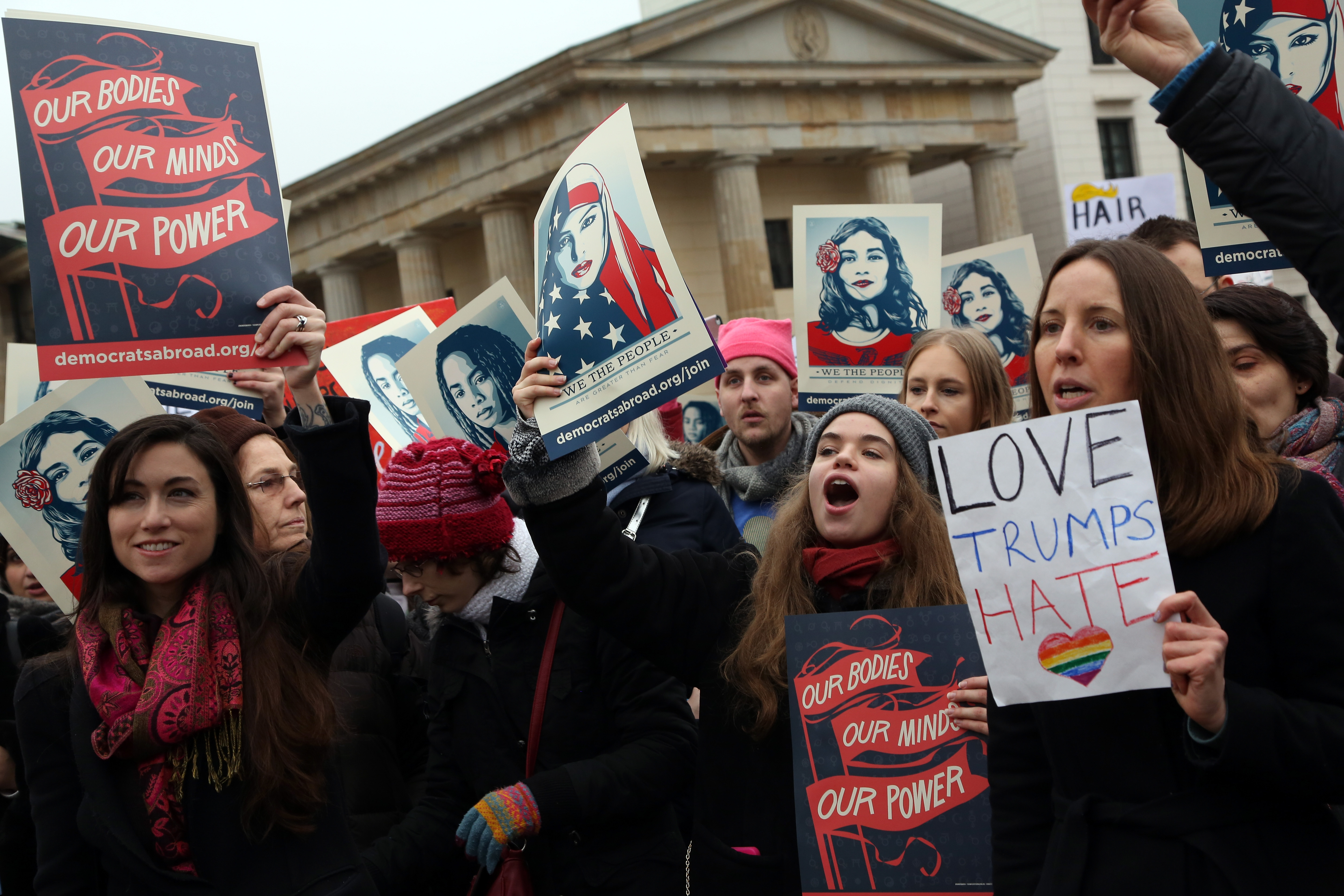 Demonstration in front of the United States Embassy and Brandenburg Gate one day after the inauguration of U.S. President Donald Trump on Jan. 21, 2017 in Berlin, Germany.