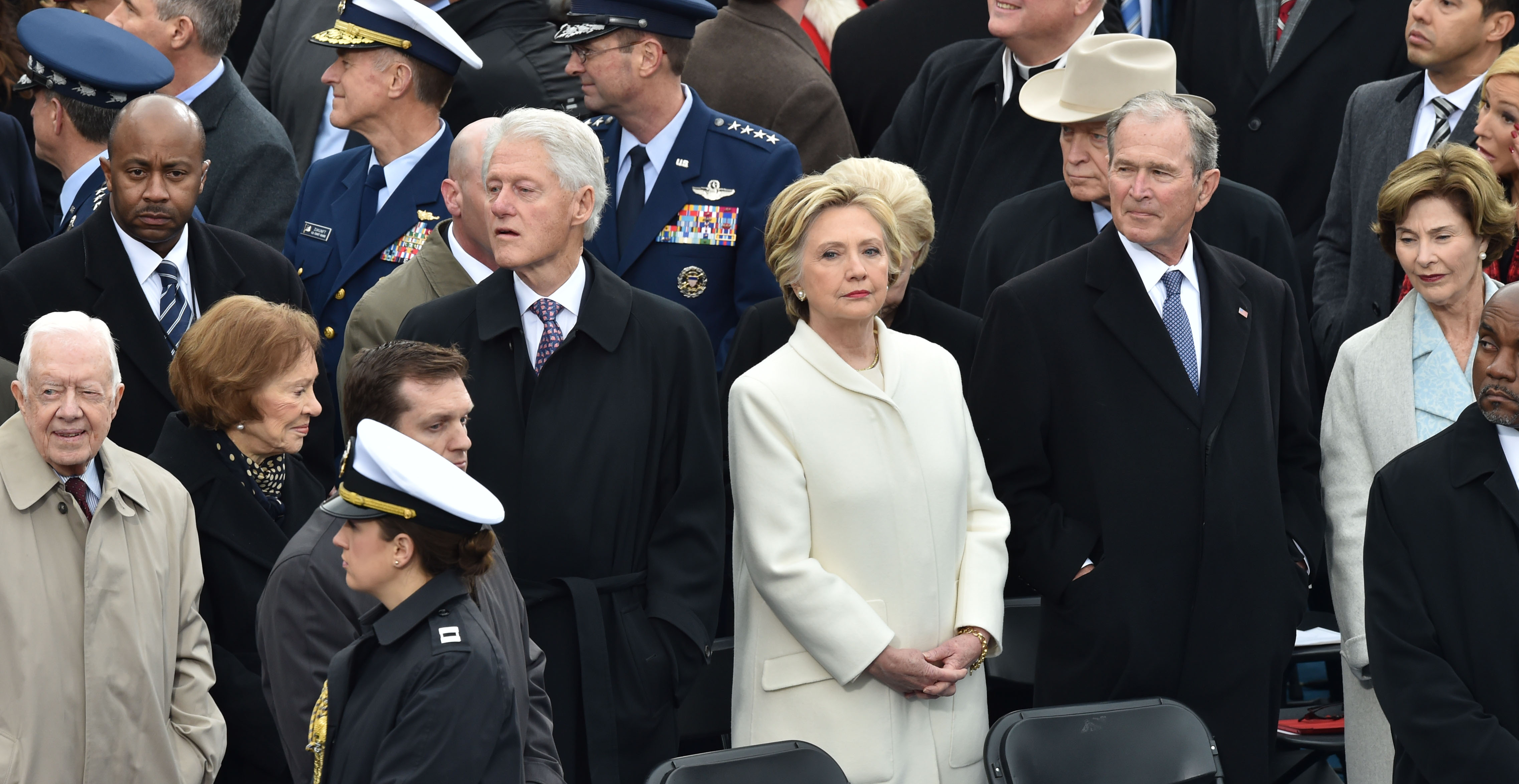 Former Us President Bill Clinton(L), former US President Jimmy Carter(L) former US President George W. Bush(2ndR) and Hillary Clinton(C) arrive on the platform of the US Capitol in Washington, DC, on January 20, 2017, before the swearing-in ceremony of US President-elect Donald Trump. / AFP / Paul J. Richards        (Photo credit should read PAUL J. RICHARDS/AFP/Getty Images) (PAUL J. RICHARDS—AFP/Getty Images)
