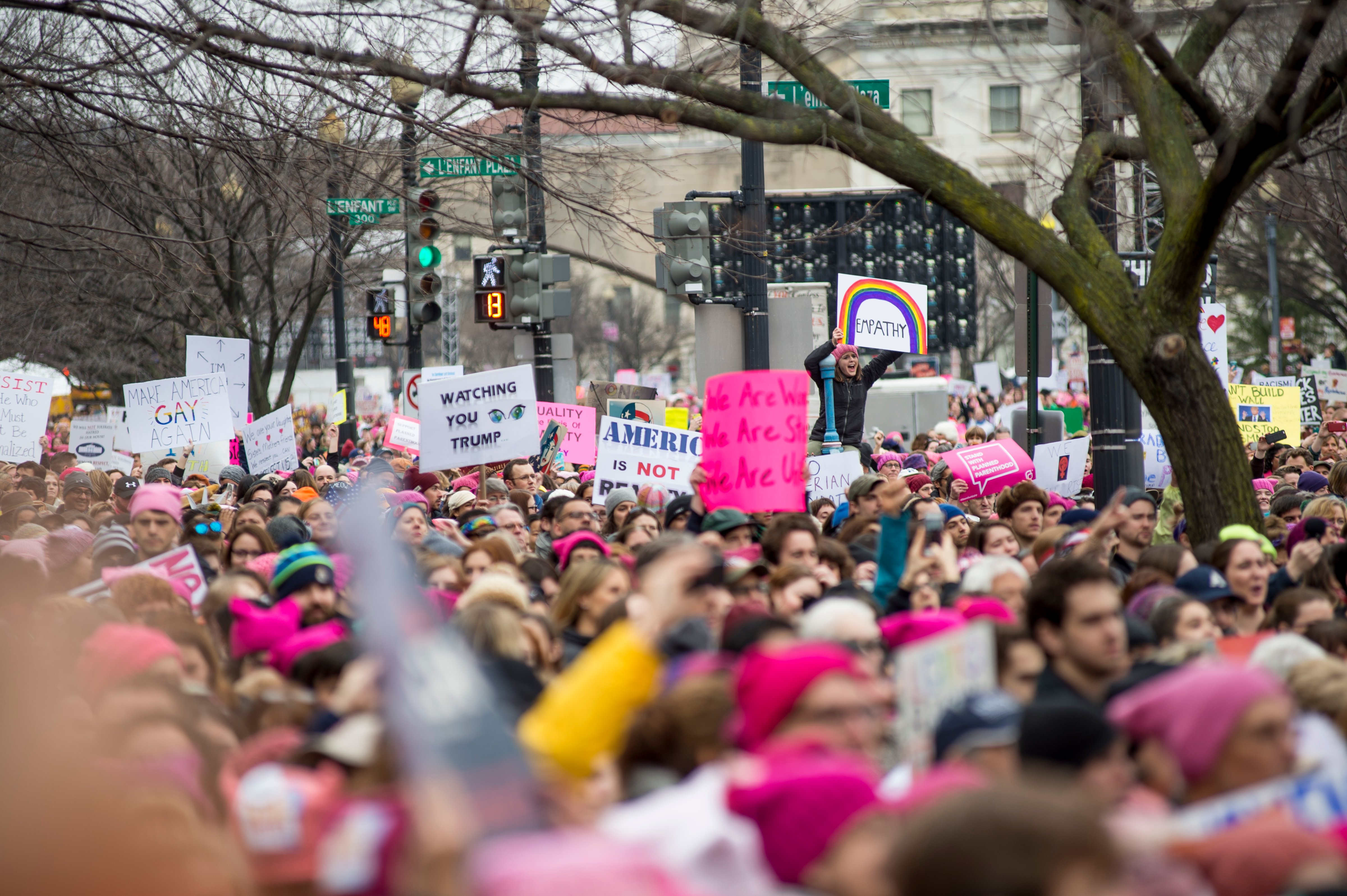 Crowds gather for the rally on Independence Ave next to the National Mall at the Women's March on Washington on Jan. 21, 2017 in Washington, DC. (Ann Hermes—Christian Science Monitor/Getty Images)
