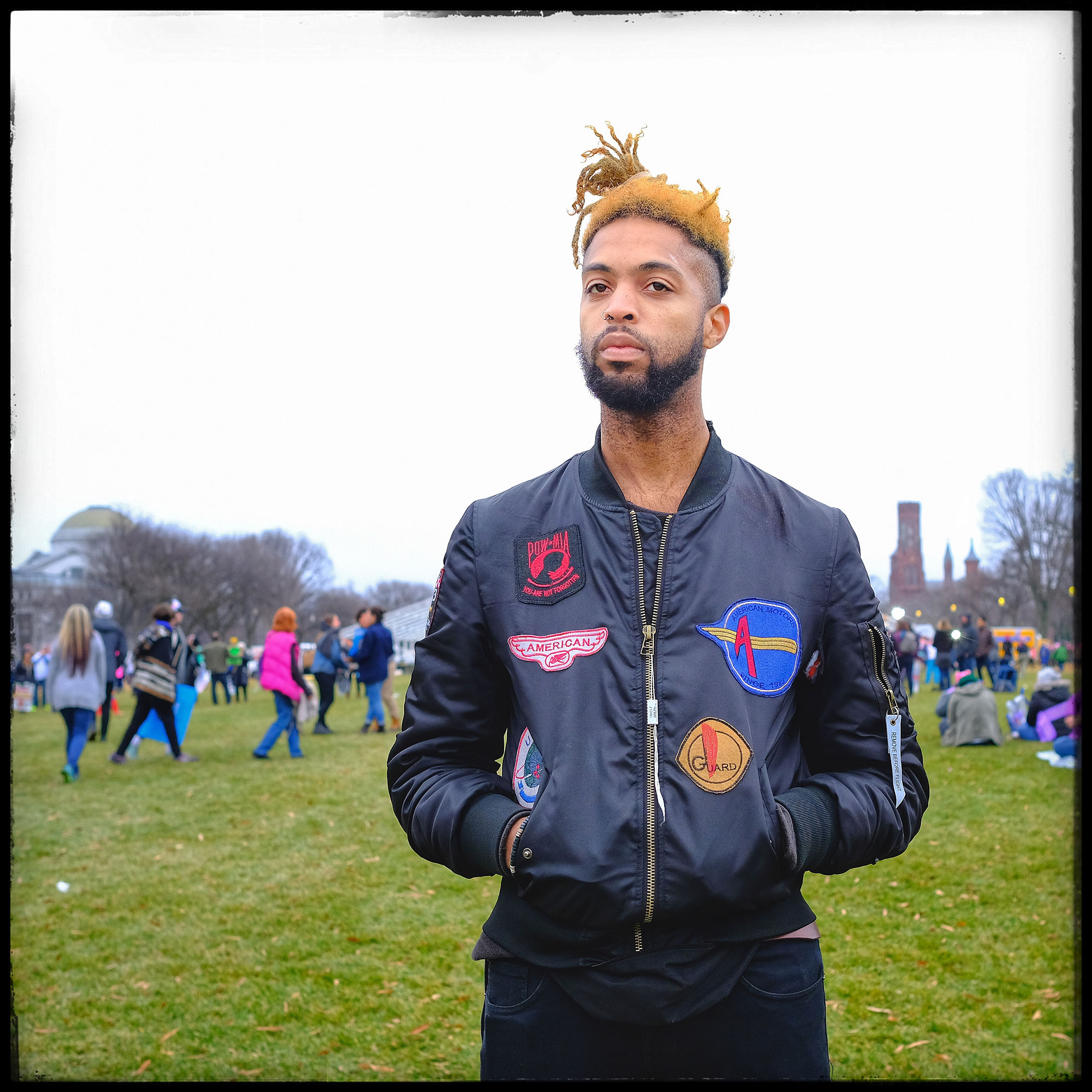 Andrew ("Woods"), 27, is a D.C. resident: "I came here to march against a toxic masculinity and years of misogyny. After all, I got six sisters. I had to do this."