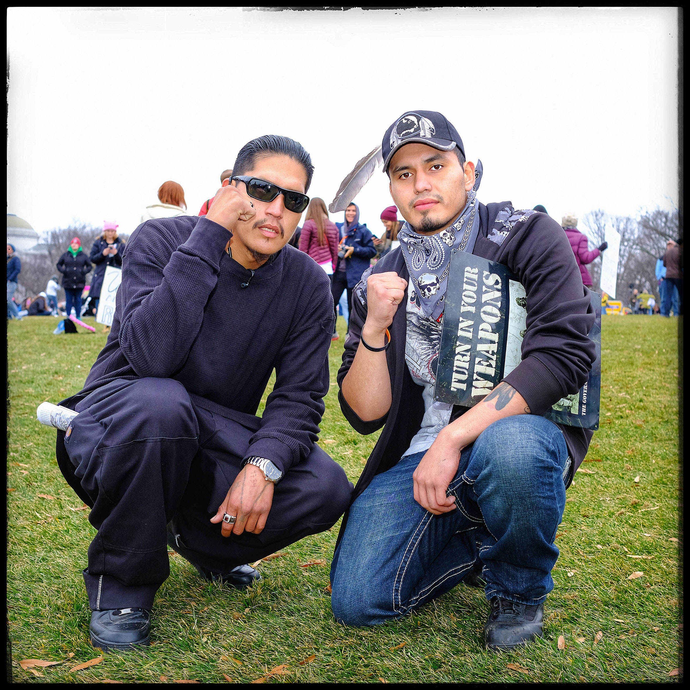Madmax, right, 22 from New York City, with Chaske, 29, from Minneapolis. Both came to Washington to shed light on the situation in Standing Rock:  People like me are being arrested and charged for felonies that we don't deserve. I was charged for two felonies, reckless endangerment and criminal mischief,  Madmax told me. Chaske added:  I came to support 'Sioux Z Dezbah' [a water protector who was injured in one eye] and all that she is doing to highlight our plight. I am here to support the women and to watch their backs.