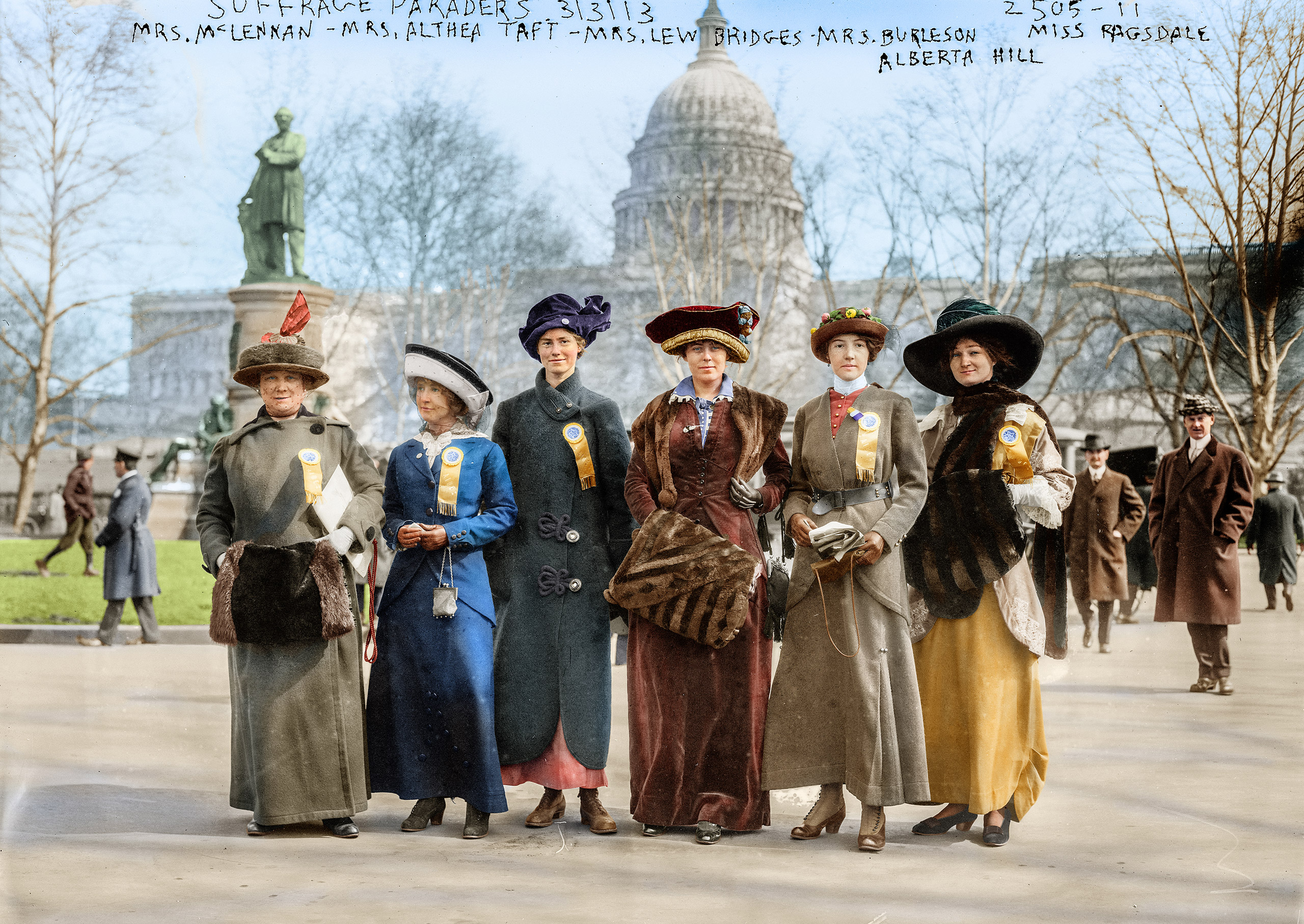 National American Woman Suffrage Association parade held in Washington, D.C., Mar. 3, 1913 showing (left to right) Mrs. Russell McLennan, Mrs. Althea Taft, Mrs. Lew Bridges, Mrs. Richard Coke Burleson, Alberta Hill and Miss F. Ragsdale.