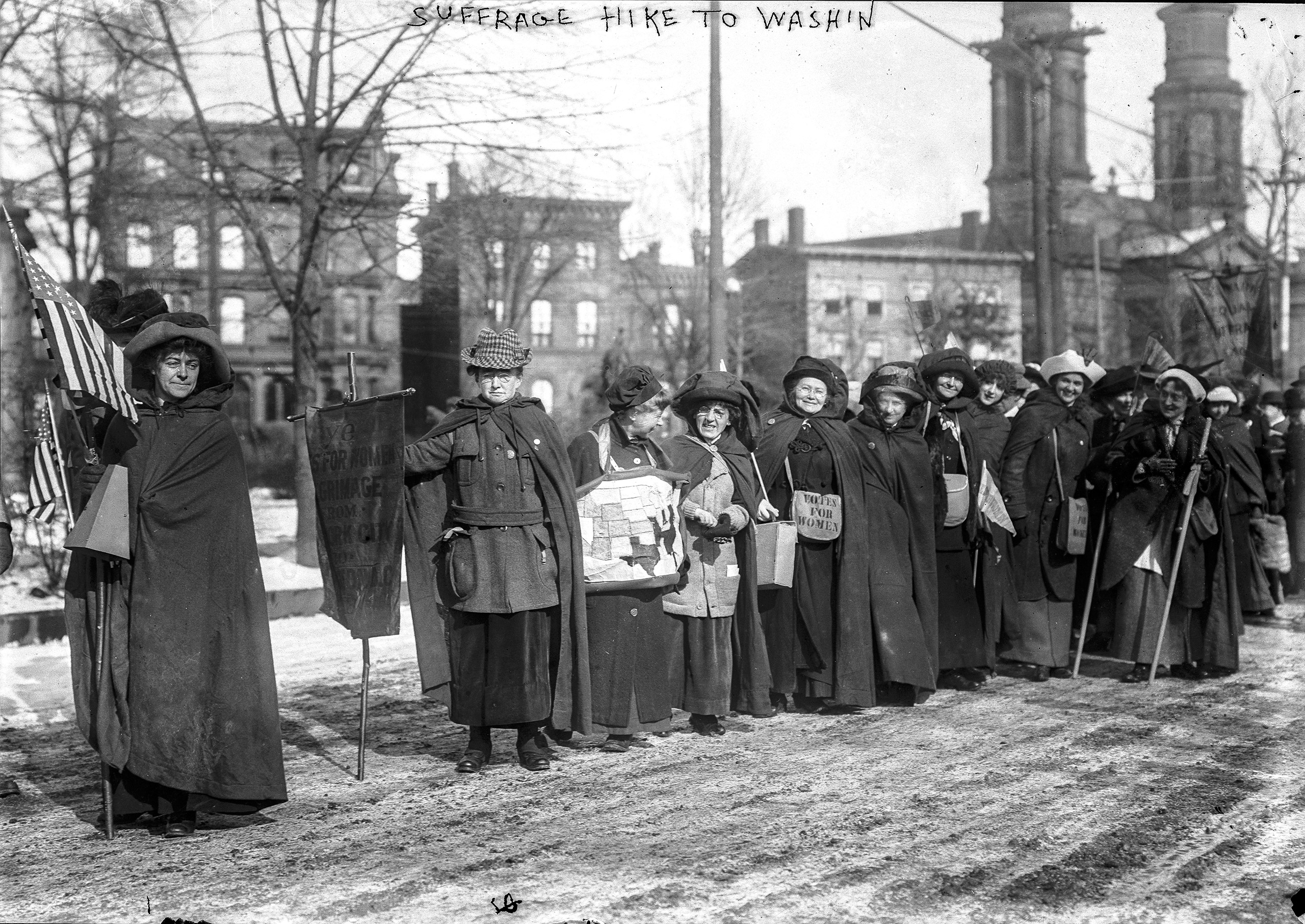 Suffrage hikers who took part in the suffrage hike from New York City to Washington, D.C. which joined the Mar. 3, 1913 National American Woman Suffrage Association parade.