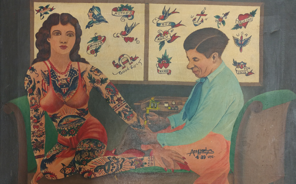 Charlie Wagner tattooing Millie Hull, 1939, by Ace Arlyn (active ca. 1930-1940).
