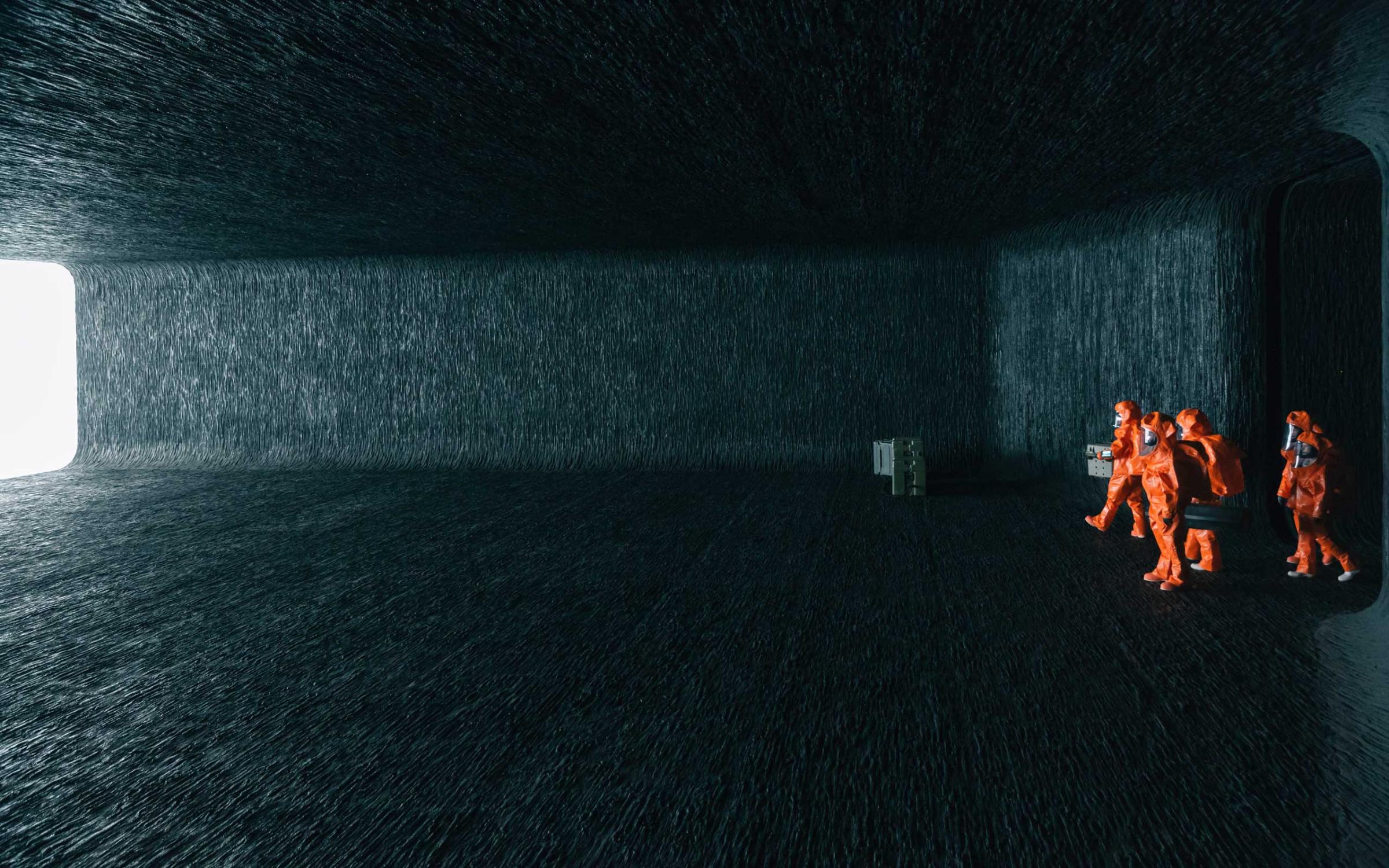 A scene inside the spaceship's chamber from the film "Arrival" by Paramount Pictures