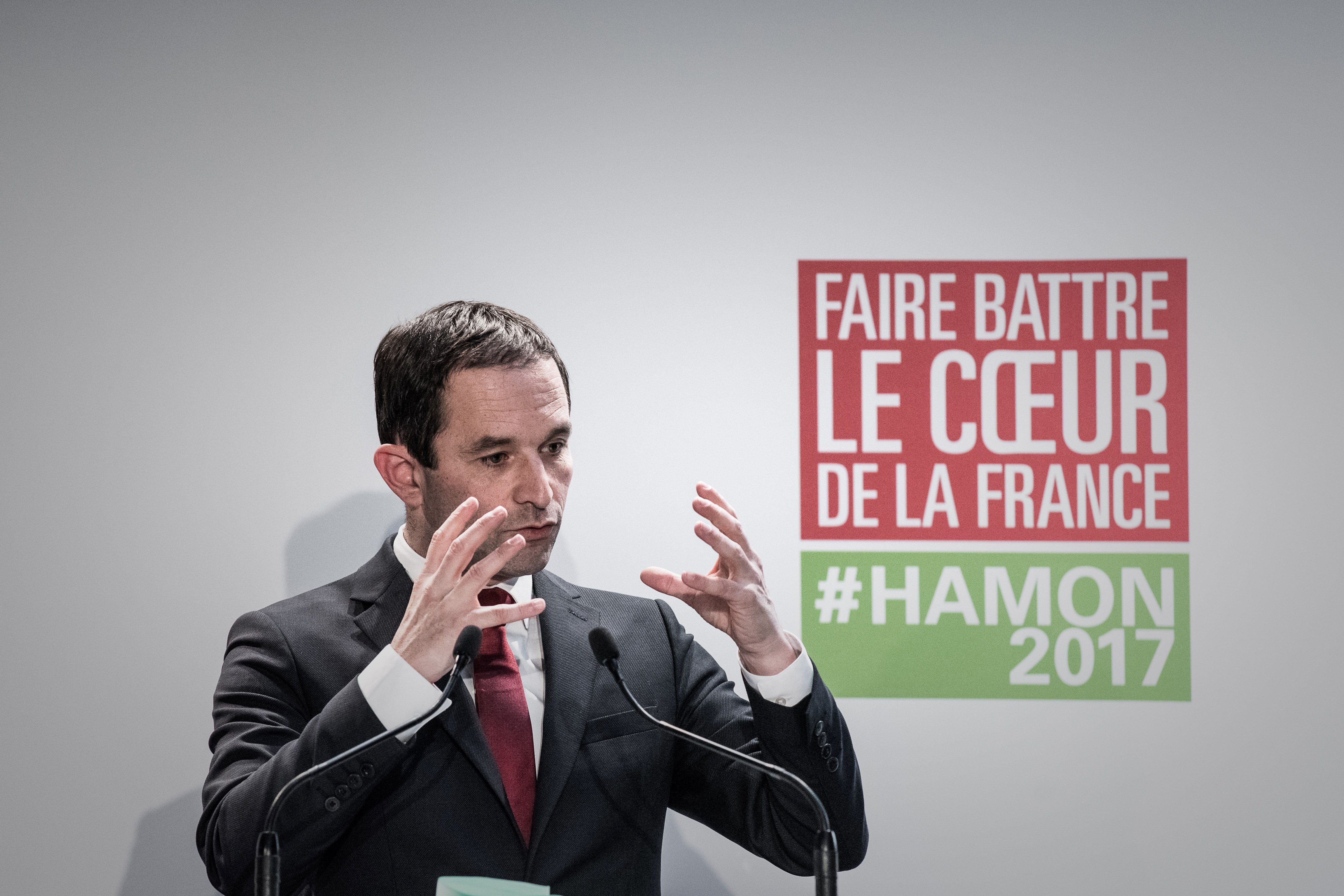 French Socialist Party presidential candidate, Benoit Hamon, speaks during a press conference following the inauguration of his campaign headquarters on February 11, 2017 in Paris. (Philippe Lopez—AFP/Getty Images)