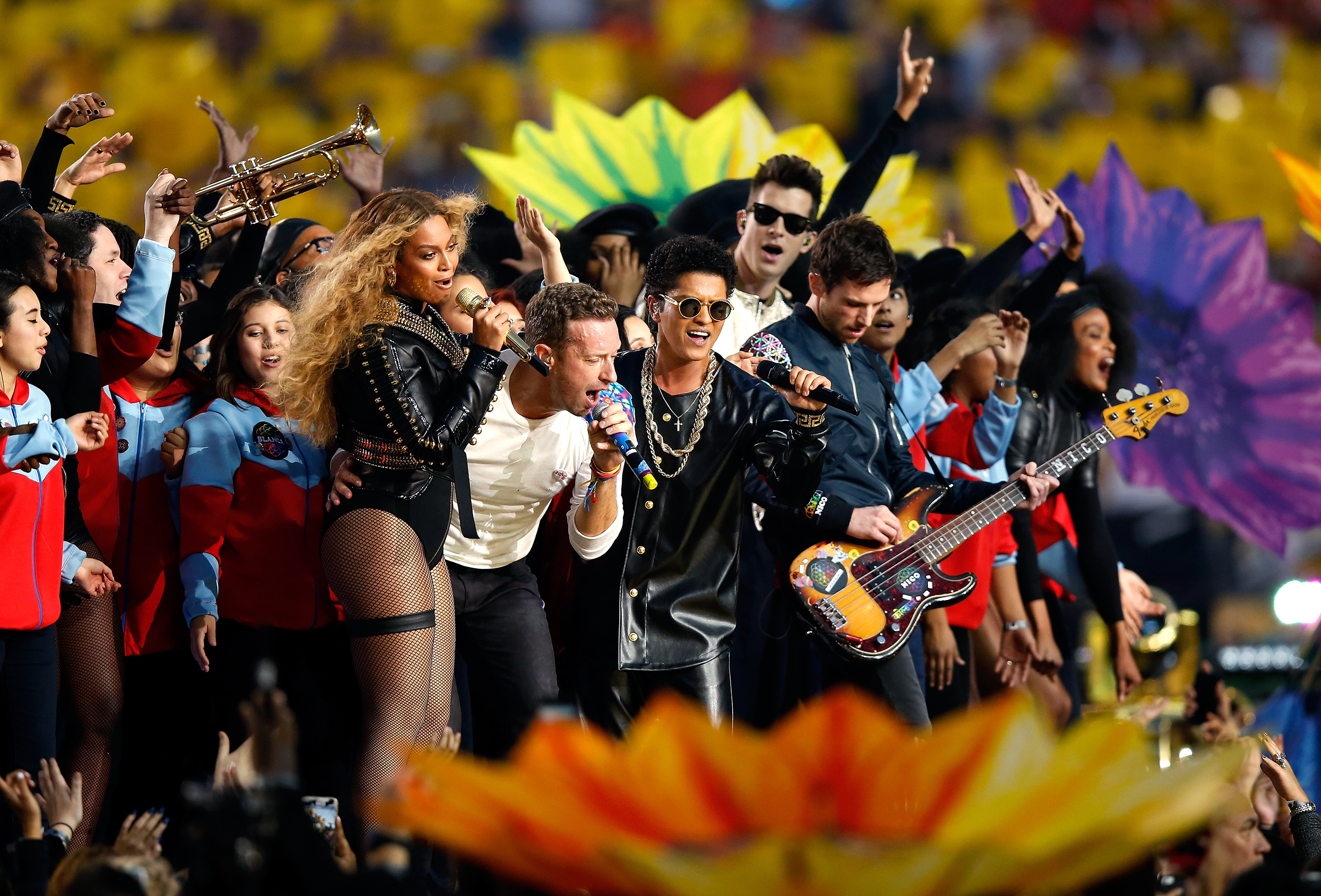 Beyoncé, Chris Martin of Coldplay, Bruno Mars, Mark Ronson and Guy Berryman of Coldplay perform during the Pepsi Super Bowl 50 Halftime Show at Levi's Stadium in Santa Clara, Calif., on Feb. 7, 2016.