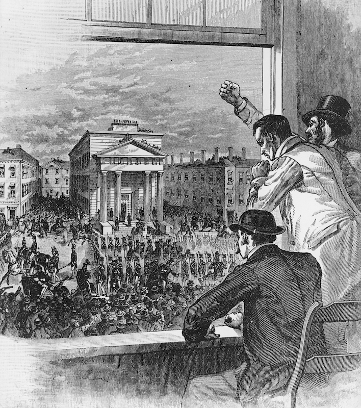 Illustration of U.S. federal troops lining the streets of Boston to hold back abolitionist protestors, angry at the rendition of Anthony Burns to his Virginia master under the Fugitive Slave Act, May 26, 1854. (Three Lions / Getty Images)