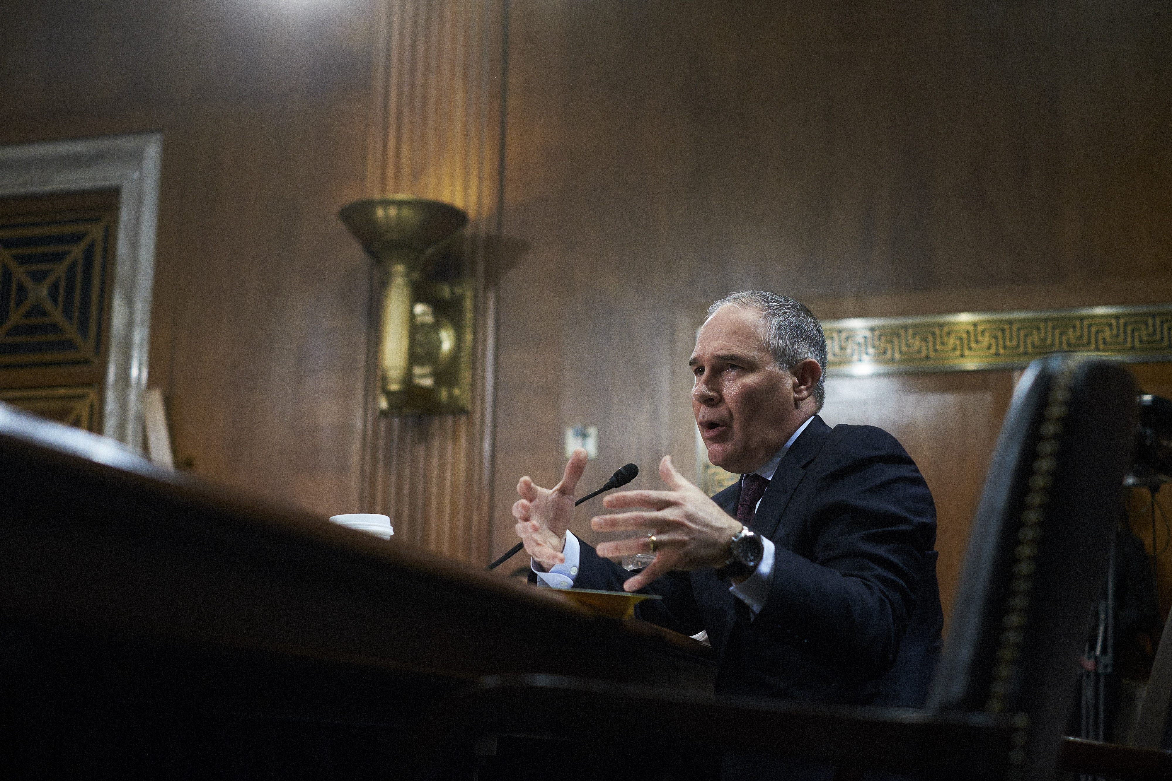 Oklahoma Attorney General Scott Pruitt, administrator of the Environmental Protection Agency (EPA) nominee speaks during a Senate hearing in Washington, D.C., on Jan. 18, 2017. (T.J. Kirkpatrick—Bloomberg/Getty Images)