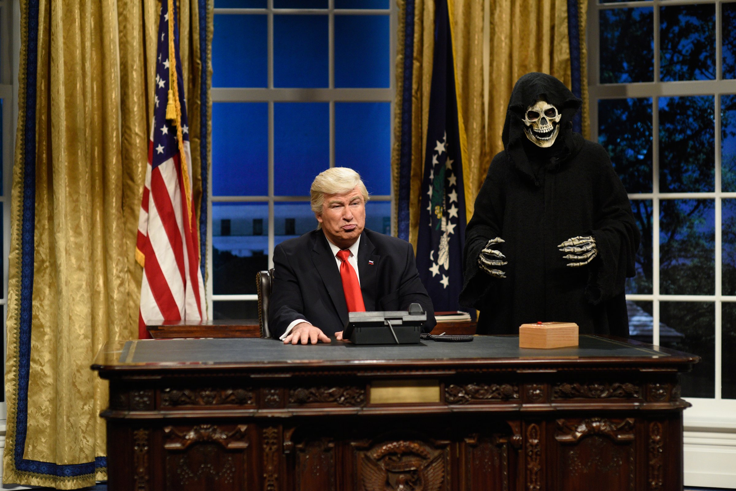 SATURDAY NIGHT LIVE -- "Kristen Stewart" Episode 1717 -- Pictured: (l-r) Alec Baldwin as President Donald J. Trump, Mikey Day as advisor Steve Bannon during the Oval Office Cold Open on February 4th, 2017 -- (Photo by: Will Heath/NBC/NBCU Photo Bank via Getty Images)