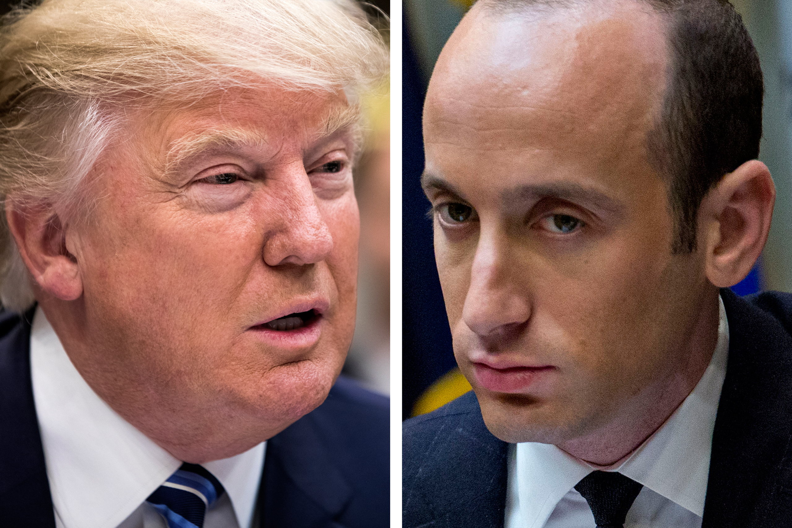<i>Left</i>: President Donald Trump in the Roosevelt Room of the White House in Washington on Feb. 9, 2017;  <i>Right</i>: Stephen Miller, White House senior advisor for policy, during a meeting of small business leaders in the Roosevelt Room of the White House in Washington on Jan. 30, 2017. (Jim Lo Scalzo—Bloomberg/Getty Images; Andrew Harrer/picture-alliance/dpa/AP)