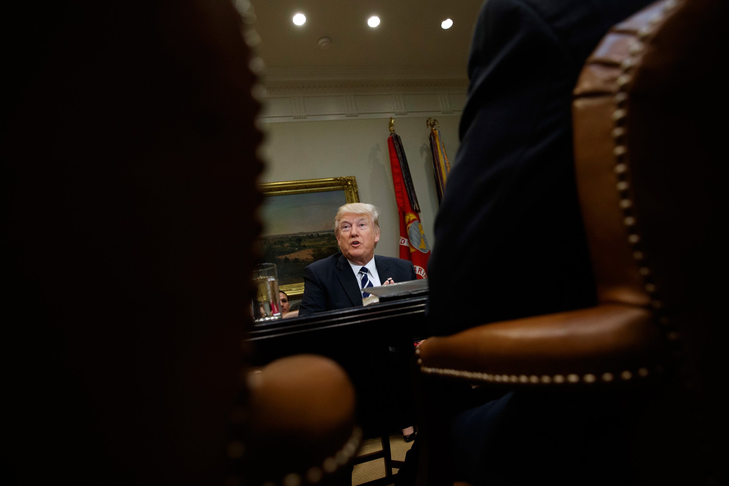 President Donald Trump speaks during a meeting with parents and teachers, Tuesday, Feb. 14, 2017, in the Roosevelt Room of the White House in Washington. (AP Photo/Evan Vucci)