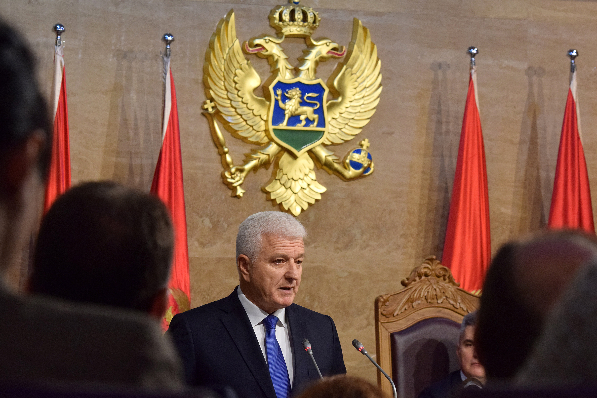 Prime Minister Dusko Markovic addresses the parliament in Podgorica, Montenegro, on Nov. 28, November 2016. (Boris Pejovic—EPA)
