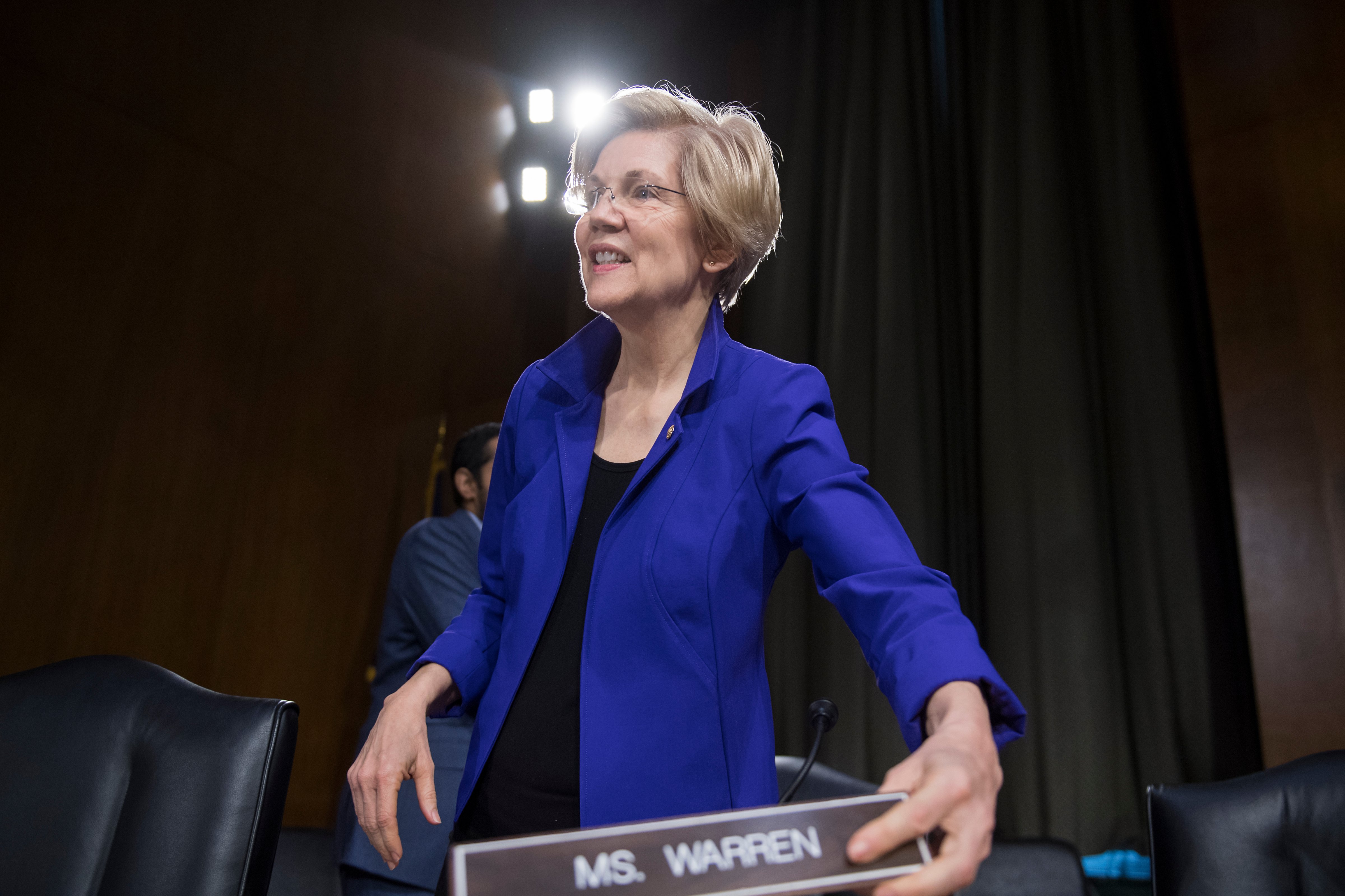 UNITED STATES - FEBRUARY 14: Sen. Elizabeth Warren, D-Mass., arrives for a Senate Banking, Housing, and Urban Affairs Committee hearing in Dirksen Building titled "The Semiannual Monetary Policy Report to the Congress," featuring testimony by Fed Chairwoman Janet Yellen, February 14, 2017. (Photo By Tom Williams/CQ Roll Call) (Tom Williams—CQ-Roll Call,Inc.)