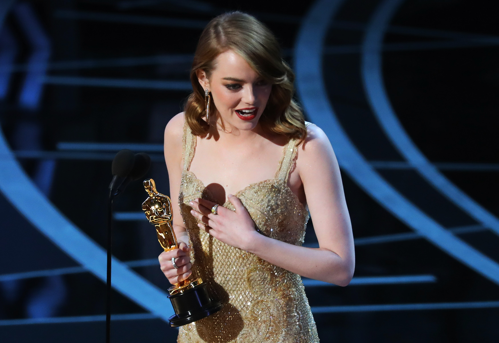 Best Actress winner Emma Stone accepts her award for <i>La La Land</i>, on Feb. 26, 2017 in Hollywood, Calif. (Lucy Nicholson—Reuters)