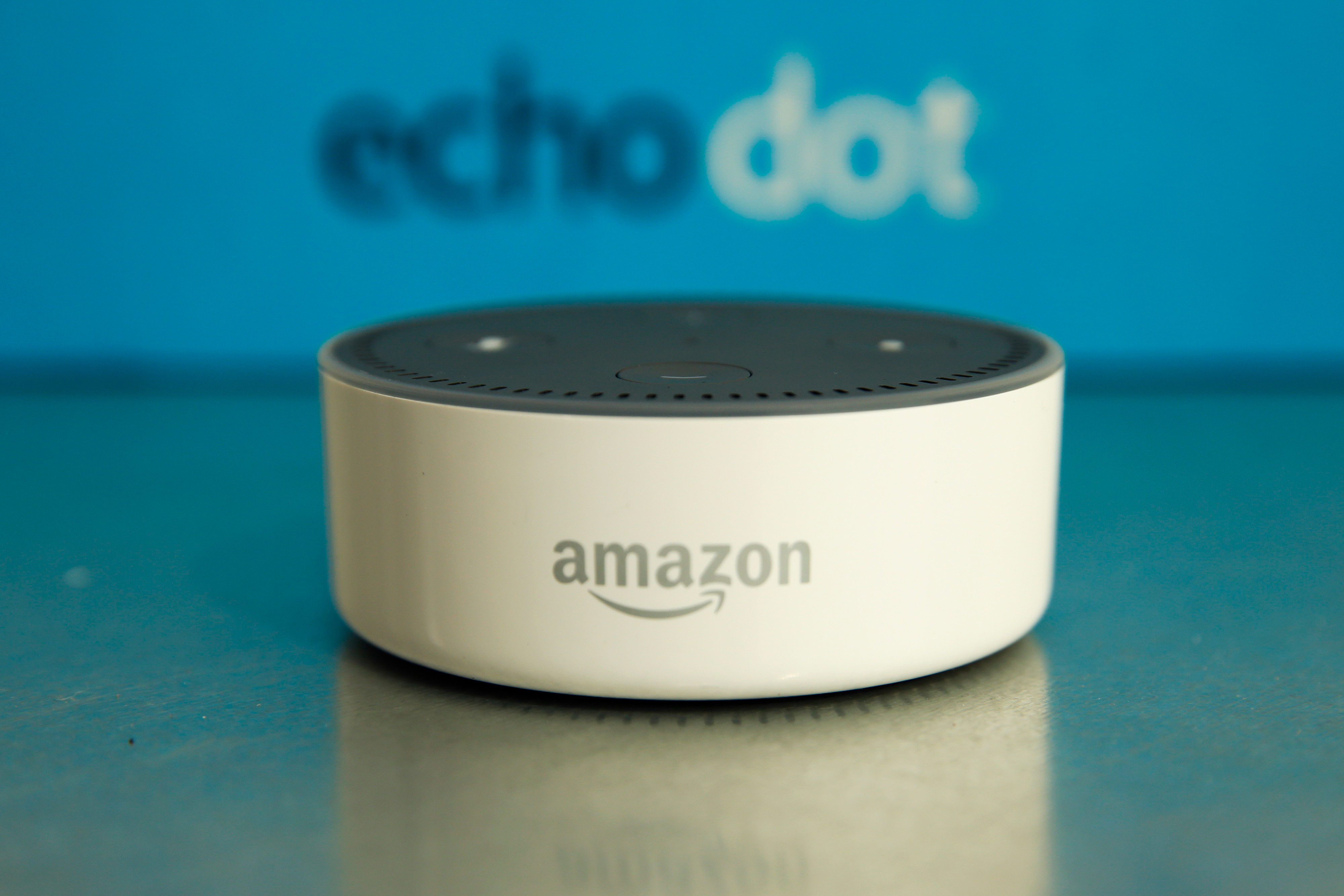 The Amazon "Echo Dot" device sits during the U.K. launch event for the Amazon.com Inc. Echo voice-controlled home assistant speaker in London, U.K., on Wednesday, Sept. 14, 2016. (Bloomberg&mdash;Bloomberg via Getty Images)