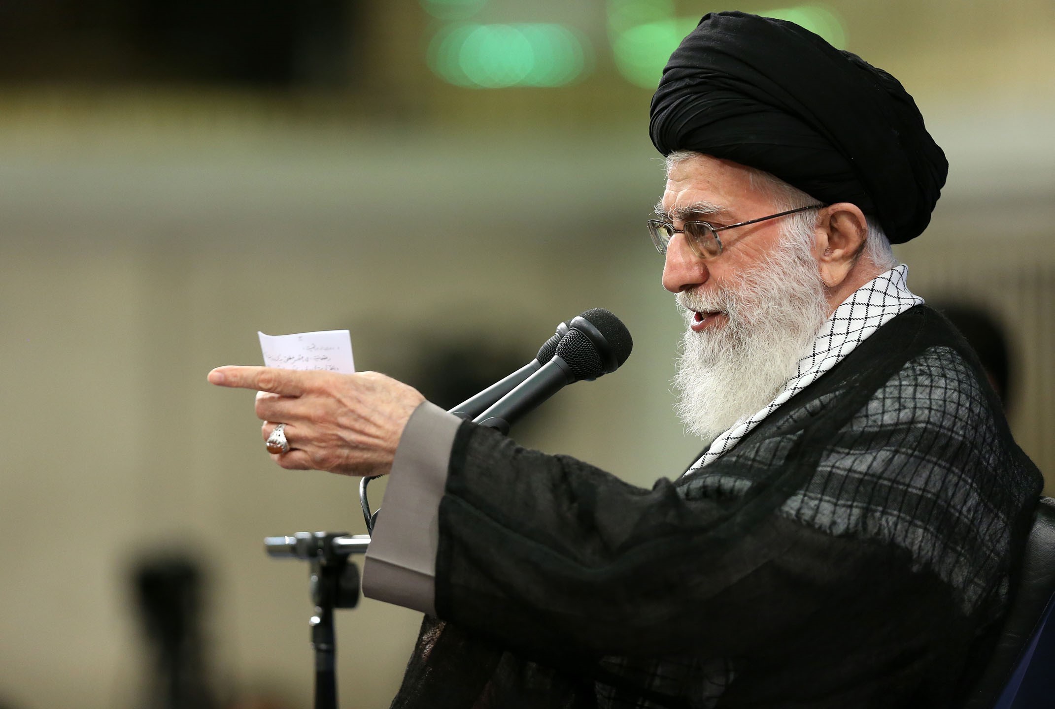 Iranian supreme leader Ayatollah Ali Khamenei delivers a speech during an Islamic Revolution Guards Corps meeting in Tehran, Iran on Sept. 18, 2016.